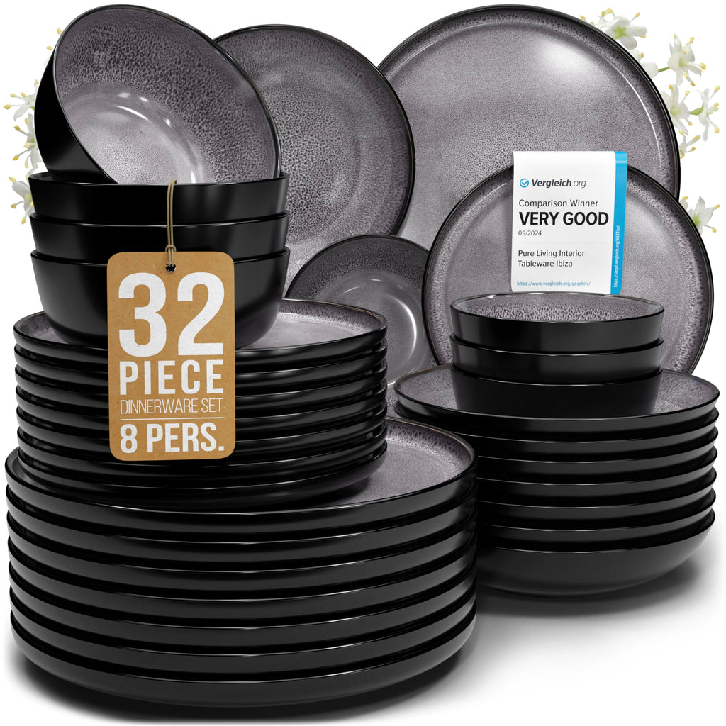 32 Piece Stoneware Dinnerware Set for 8 - Handmade Reactive Glaze Plates and Bowls Set - Chip & Scratch Resistant Dish Set - Dishwasher Microwave Safe - Dark Gray