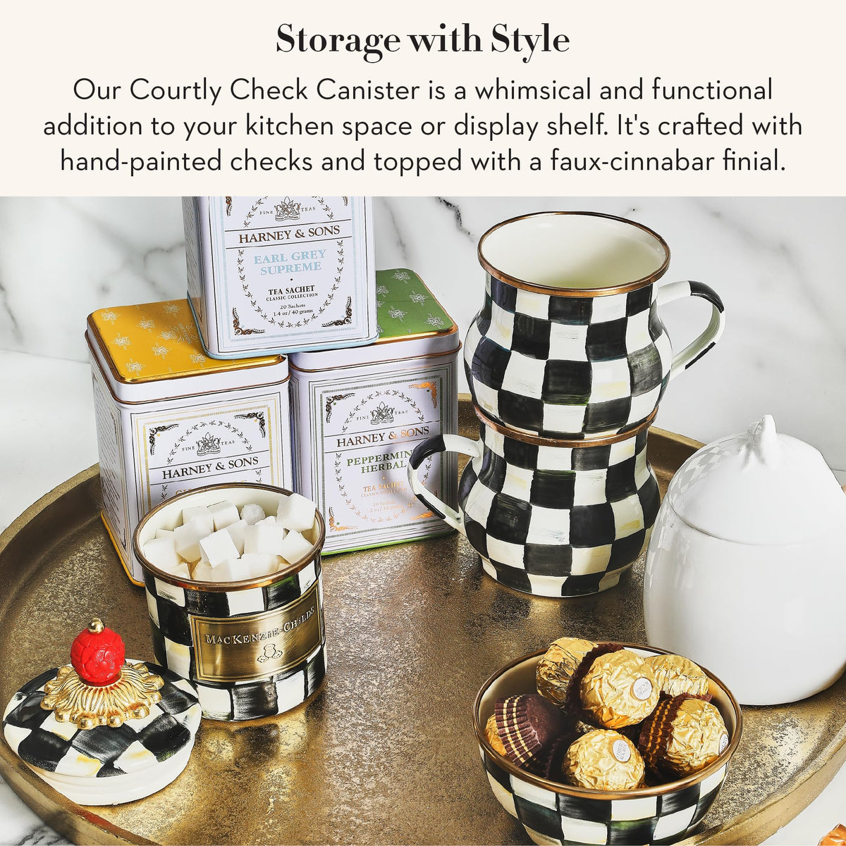 MACKENZIE-CHILDS Enamel Canister, Mini, Black-and-White Courtly Check