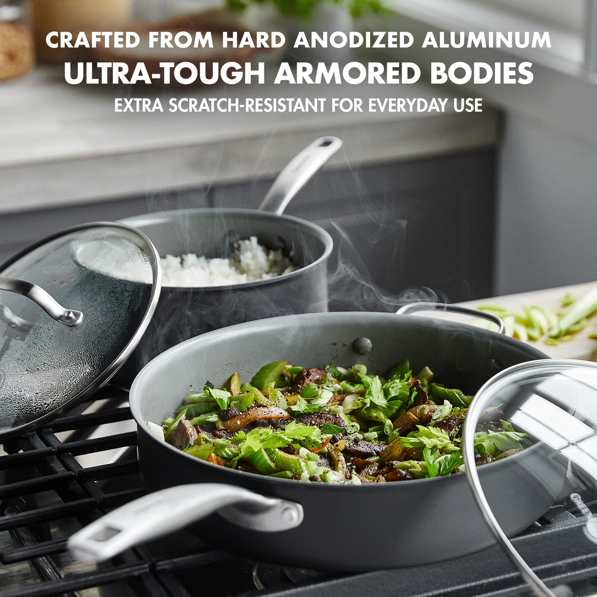 GreenPan Chatham Hard Anodized Healthy Ceramic Nonstick 10 Piece Cookware Pots and Pans Set, Frying Pan Skillets, Saucepans, Saute Pan, Stockpot, Lids, PFAS-Free, Dishwasher & Oven Safe, Gray