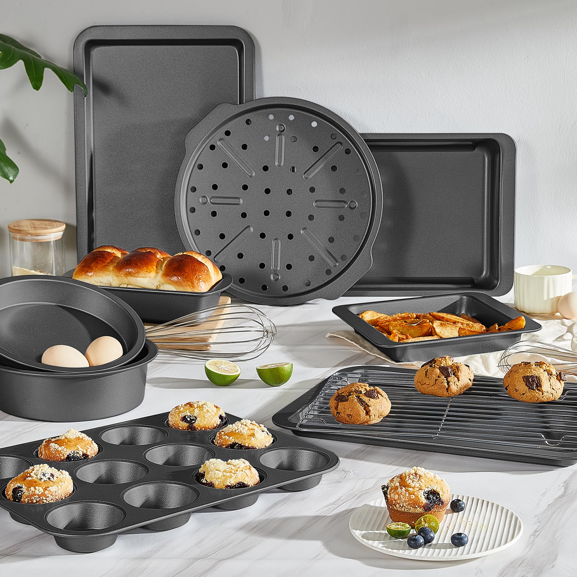 HONGBAKE Bakeware Sets, Baking Pans Set with Kitchen Oven Mitts, Nonstick Oven Pan for Kitchen with Wider Grips, 12-Piece Including Rack, Cookie Sheet, Cake Pans, Loaf Pan, Muffin Pizza Pan