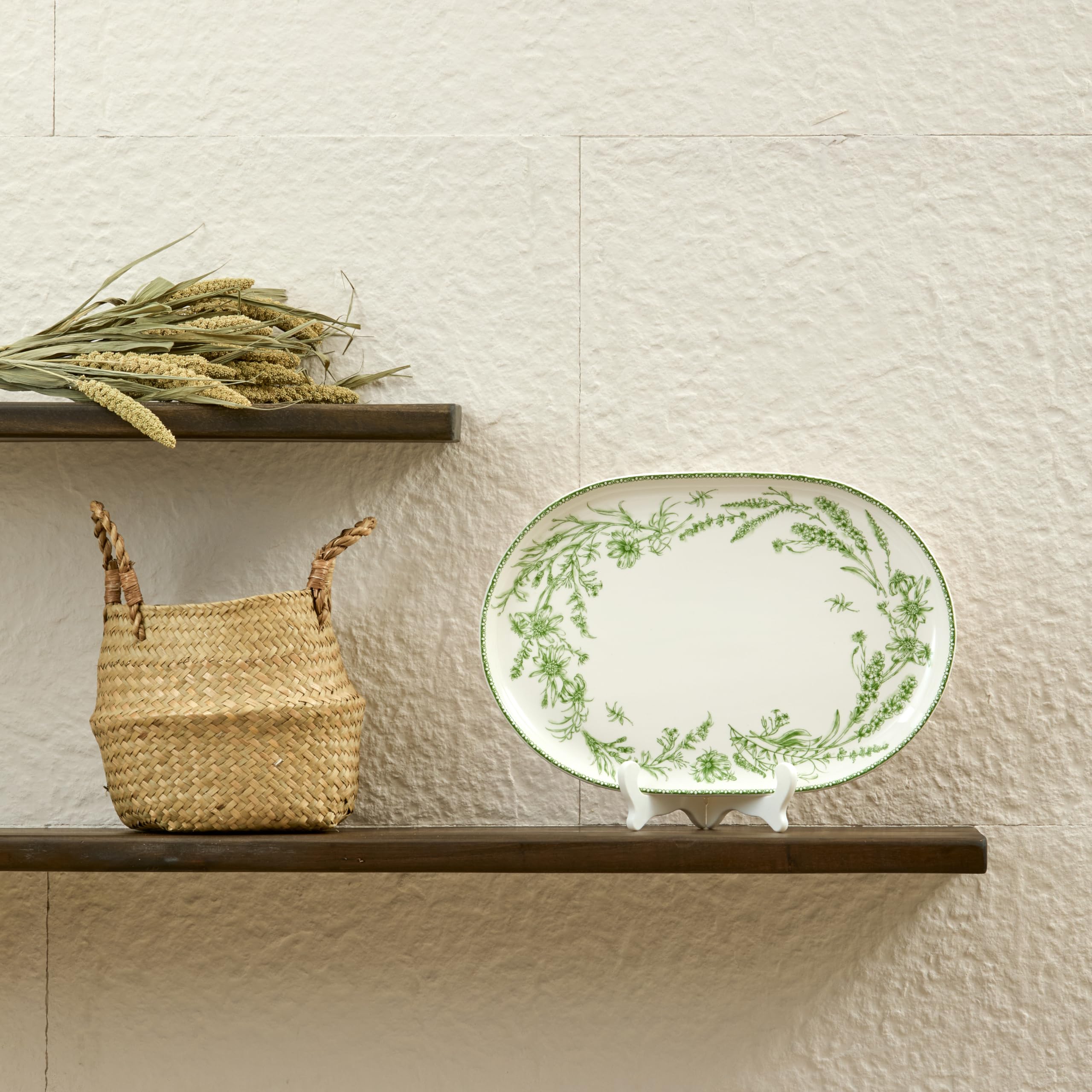 Bico Green Garden Toile De Jouy 16 plus 12 inch Oval Platters Set, Set of 2, Microwave and Dishwasher Safe, for Serving Fish, Chicken, Turkey