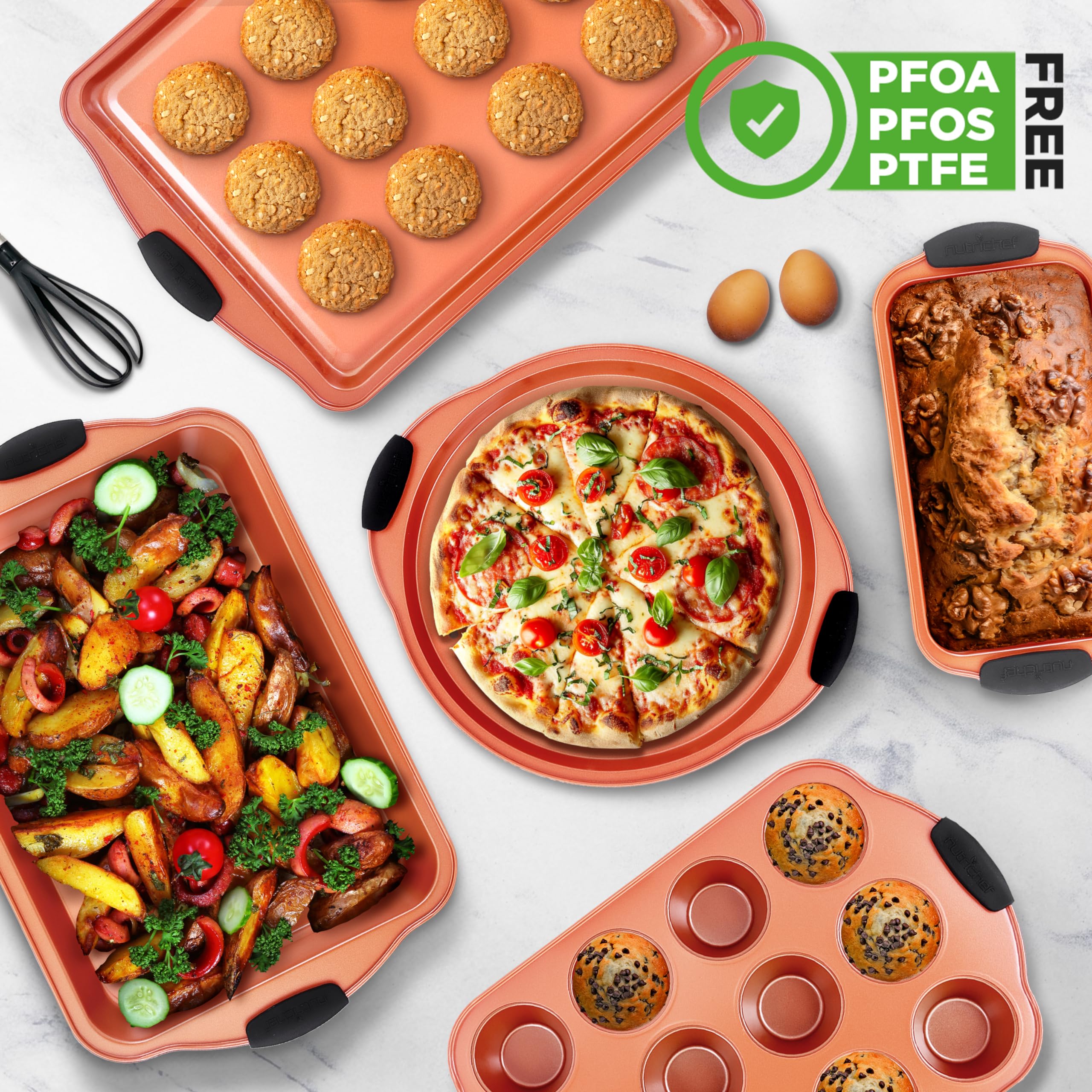 NutriChef 10-Piece Nonstick Baking Pans Set – Bakeware Sets for Cookies, Cakes, & Roasting - Bakeware Includes Cookie Sheet, Muffin Pan, Cake Pan, & Pizza Pans
