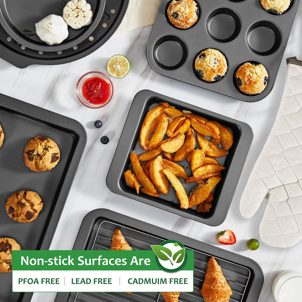 HONGBAKE Bakeware Sets, Baking Pans Set with Kitchen Oven Mitts, Nonstick Oven Pan for Kitchen with Wider Grips, 12-Piece Including Rack, Cookie Sheet, Cake Pans, Loaf Pan, Muffin Pizza Pan