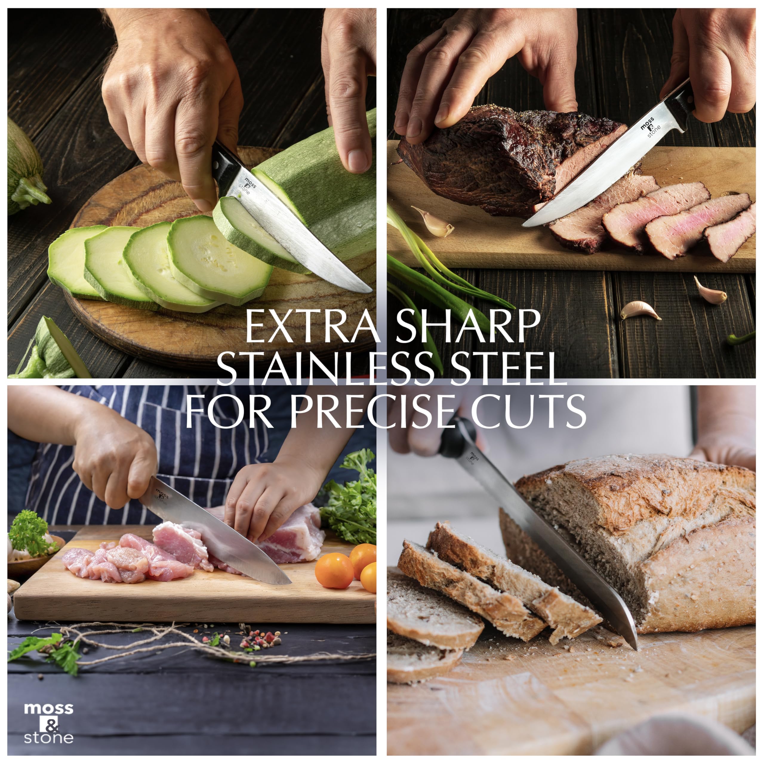 Moss & Stone 14 Pcs Kitchen Knife Set with Block, Stainless Steel