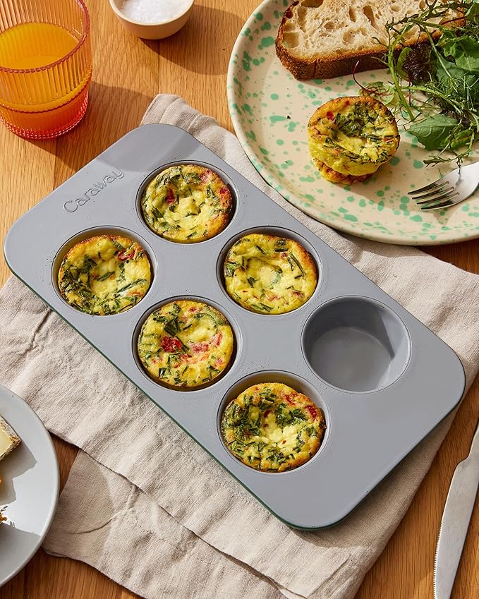 Caraway Nonstick Ceramic 6 Cup Muffin Pan Duo – Non-Toxic, PTFE & PFOA Free – Oven Safe – Aluminized Steel Core – Small Muffin Pan for Baking Cupcakes, Muffins & More - Perracotta