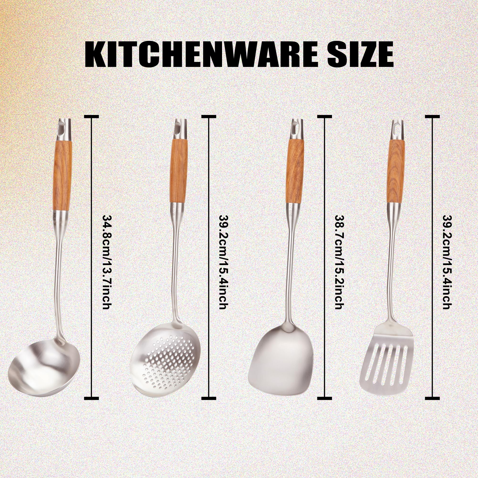 FJNATINH Wok Utensils - Wok Spatula Metal Set, 4-Pieces 14-15 Inch Extra Long, Wok Tools Professional Set, Wooden Handle Skimmer, Soup Ladle, Slotted Turner