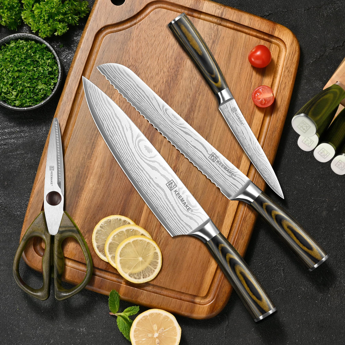 KEEMAKE 14 Piece Kitchen Knife Set with Wood Block