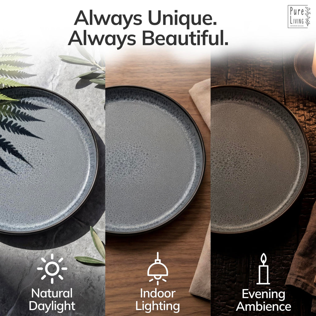 16 Piece Stoneware Dinnerware Set for 4 - Handmade Reactive Glaze Plates and Bowls Set - Chip & Scratch Resistant Dish Set - Dishwasher Microwave Safe - Dark Gray