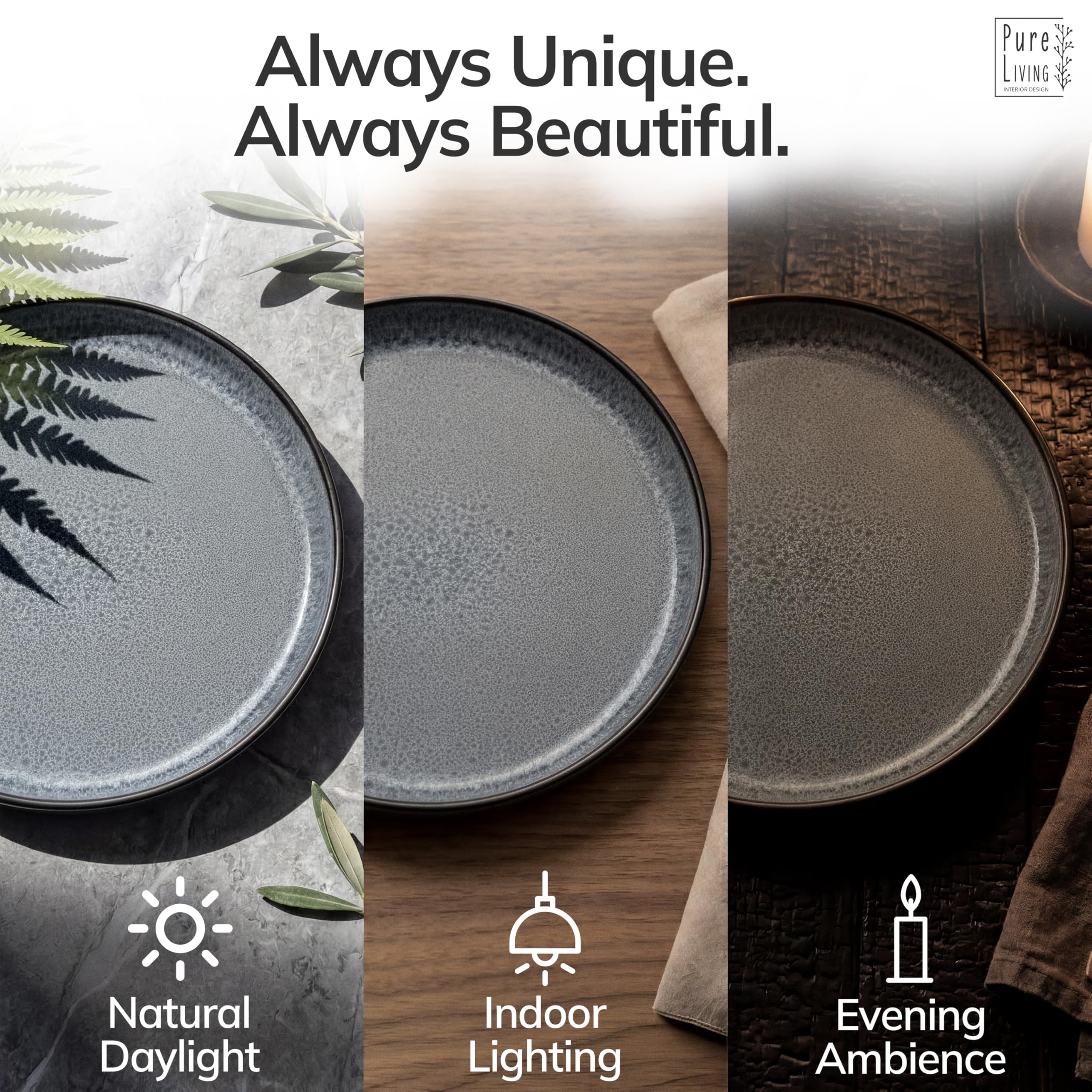 16 Piece Stoneware Dinnerware Set for 4 - Handmade Reactive Glaze Plates and Bowls Set - Chip & Scratch Resistant Dish Set - Dishwasher Microwave Safe - Dark Gray