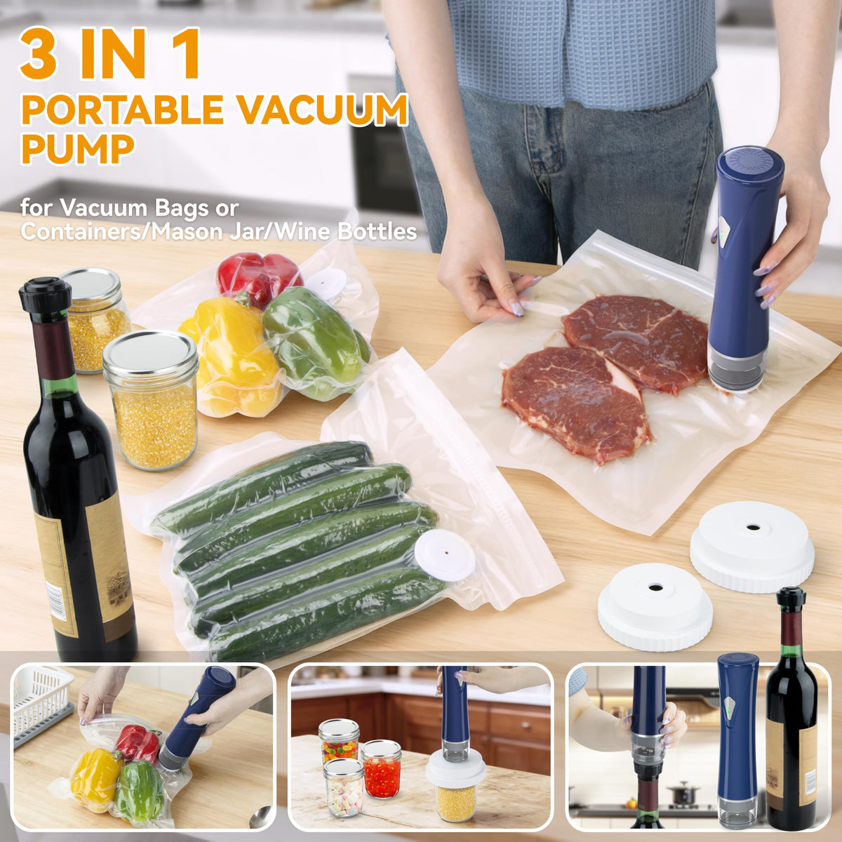 GPUTEK 3-in-1 Compact Vacuum Pump for Food with Bags & Mason Jar Kit