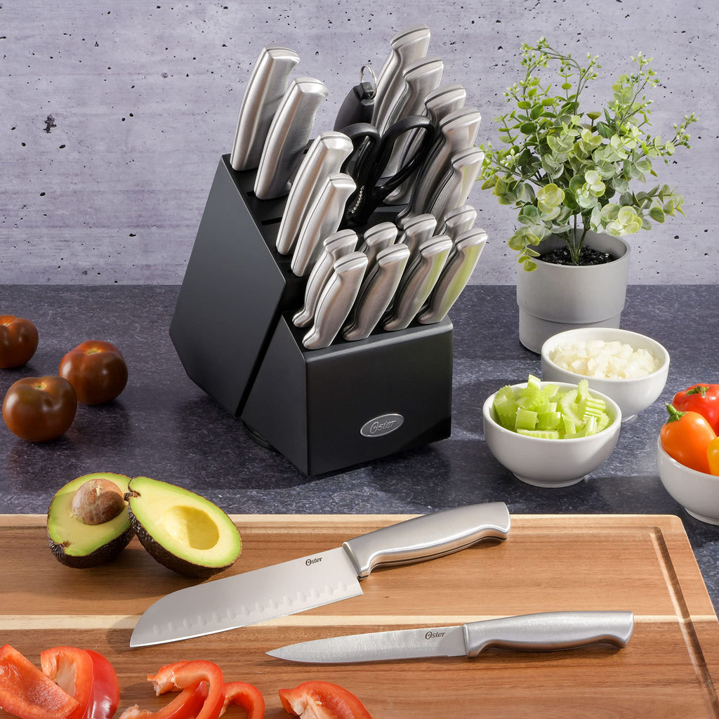 Oster Baldwyn High-Carbon Stainless Steel Kitchen Knife Cutlery Block Set, 22-Piece, Brushed Satin