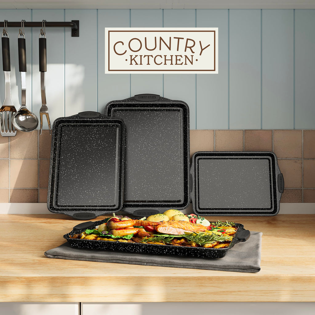Country Kitchen Nonstick Stackable Bakeware Set - Heavy Duty, Durable, Easy Release Baking Set, Black, 4 Pcs