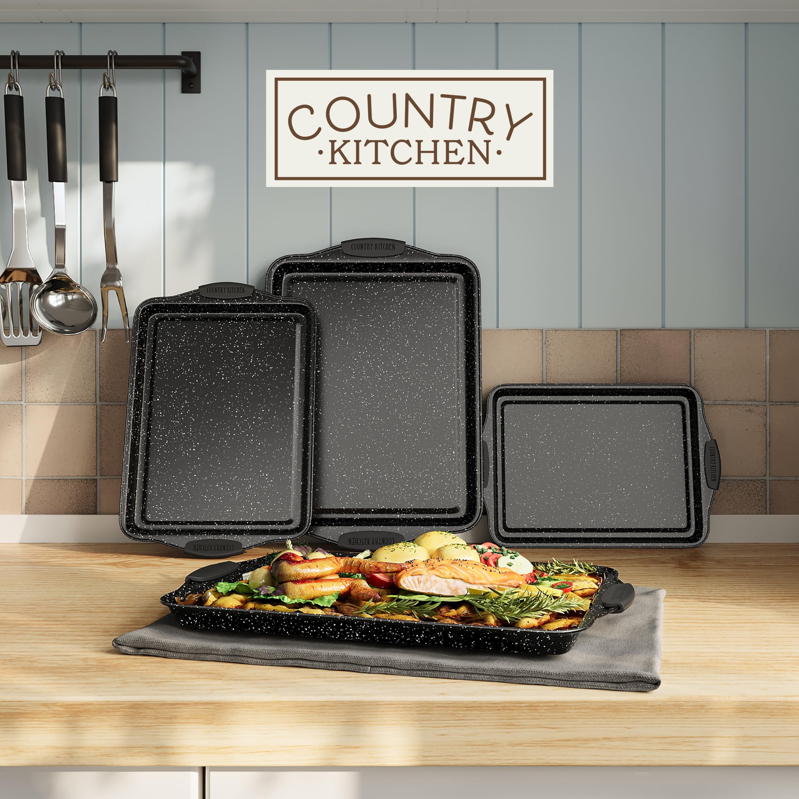 Country Kitchen Nonstick Stackable Bakeware Set - Heavy Duty, Durable, Easy Release Baking Set, Black, 4 Pcs