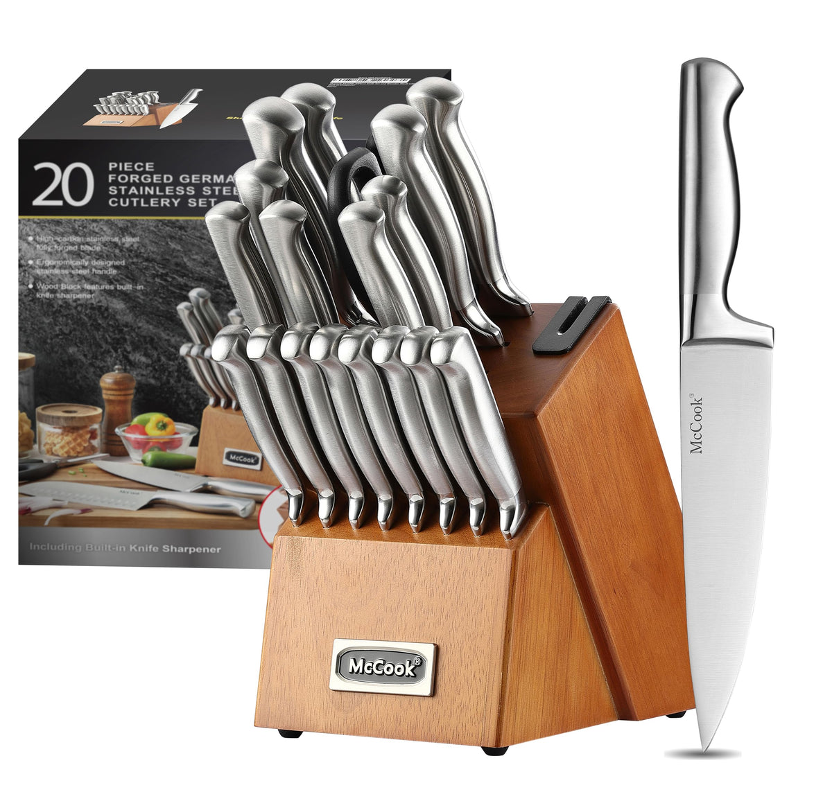 McCook® Kitchen Knife Sets, Golden Titanium Stainless Steel Knives Block Set with Built-in Sharpener, 20 Piece Knives, Restaurant Grade Sharp, Elegant Gold & Stylish Wooden Block for Modern Culinary