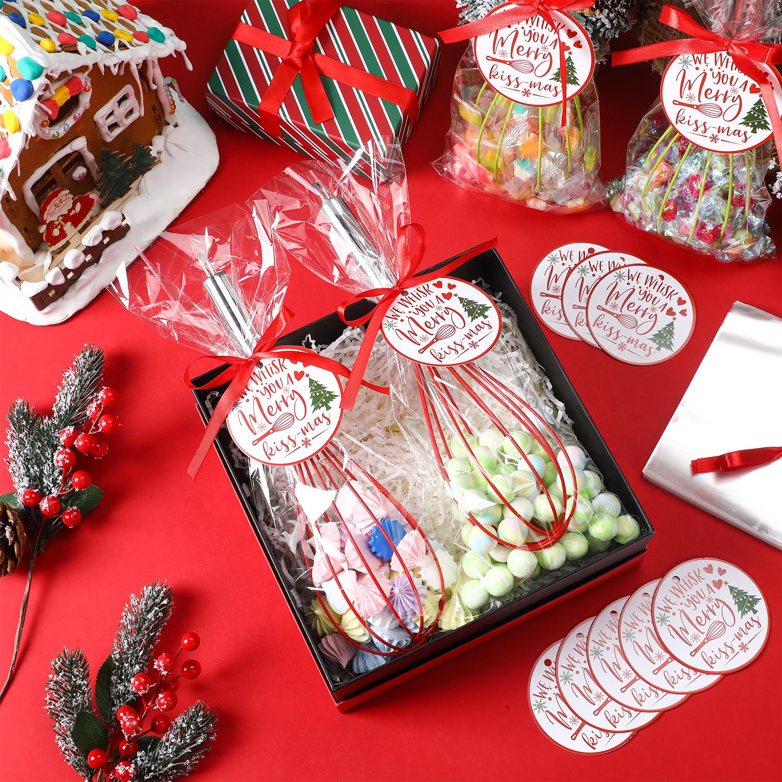 FoldTier 72 Sets 12 Inch Christmas Whisks Gifts DIY Fillable Christmas Tree Ornaments Xmas Colored Silicone Whisks for Cooking Heat Resistant Egg Beaters with Card Rope Bag for Candy Holder