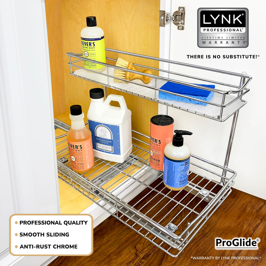 LYNK PROFESSIONAL® Pull Out Under Sink Kitchen Cabinet Organizer - 11.5 in. x 21 inch deep Drawer - Sliding Shelf Organizer for Cabinets and Undersink Storage Shelves - Lifetime Ltd. Warranty – Chrome