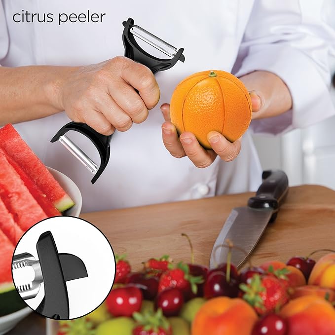 LÖFFEL Peeler for Potato Vegetable Orange - Heavy Duty Double Sided Dual Purpose Non Slip Grip Apple Fruit Y Shaped with Ultra Sharp Stainless Steel Straight and Serrated Blades, Dishwasher Safe