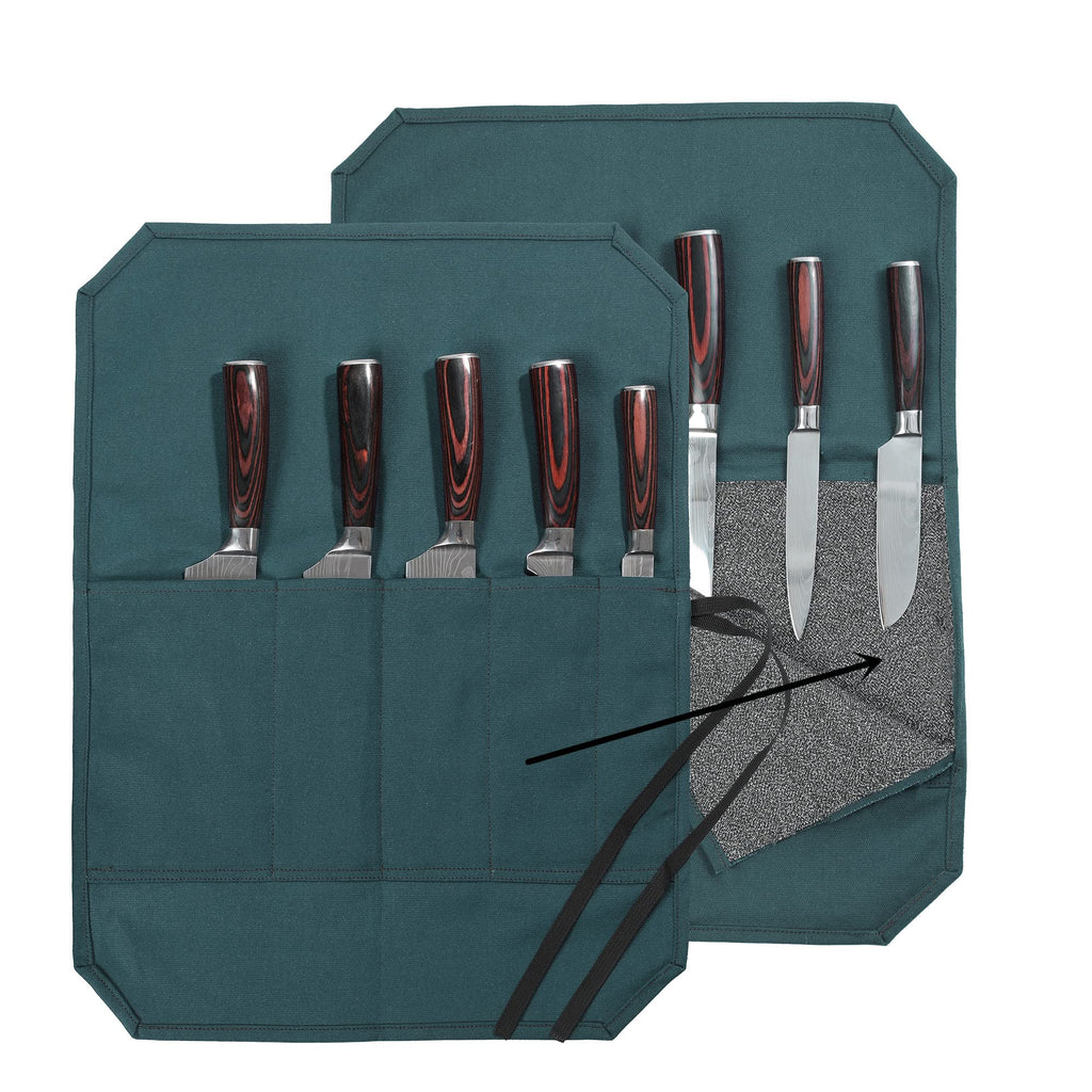 Chef's Knife Bag With 5 Slots, Wax Canvas Knife roll with Professional Anti Cutting Fabric Inside (Blue)