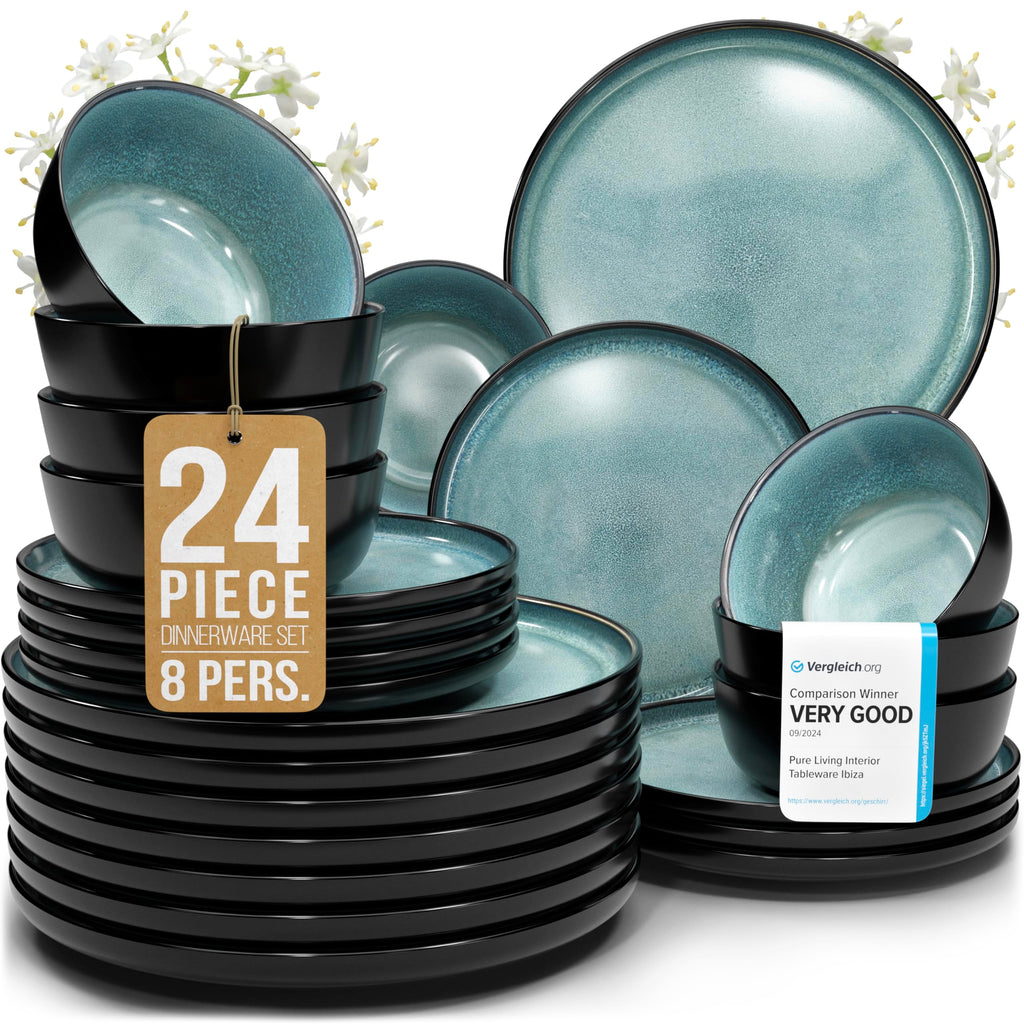 24 Piece Stoneware Dinnerware Set for 8, Handcrafted Plates and Bowls Set