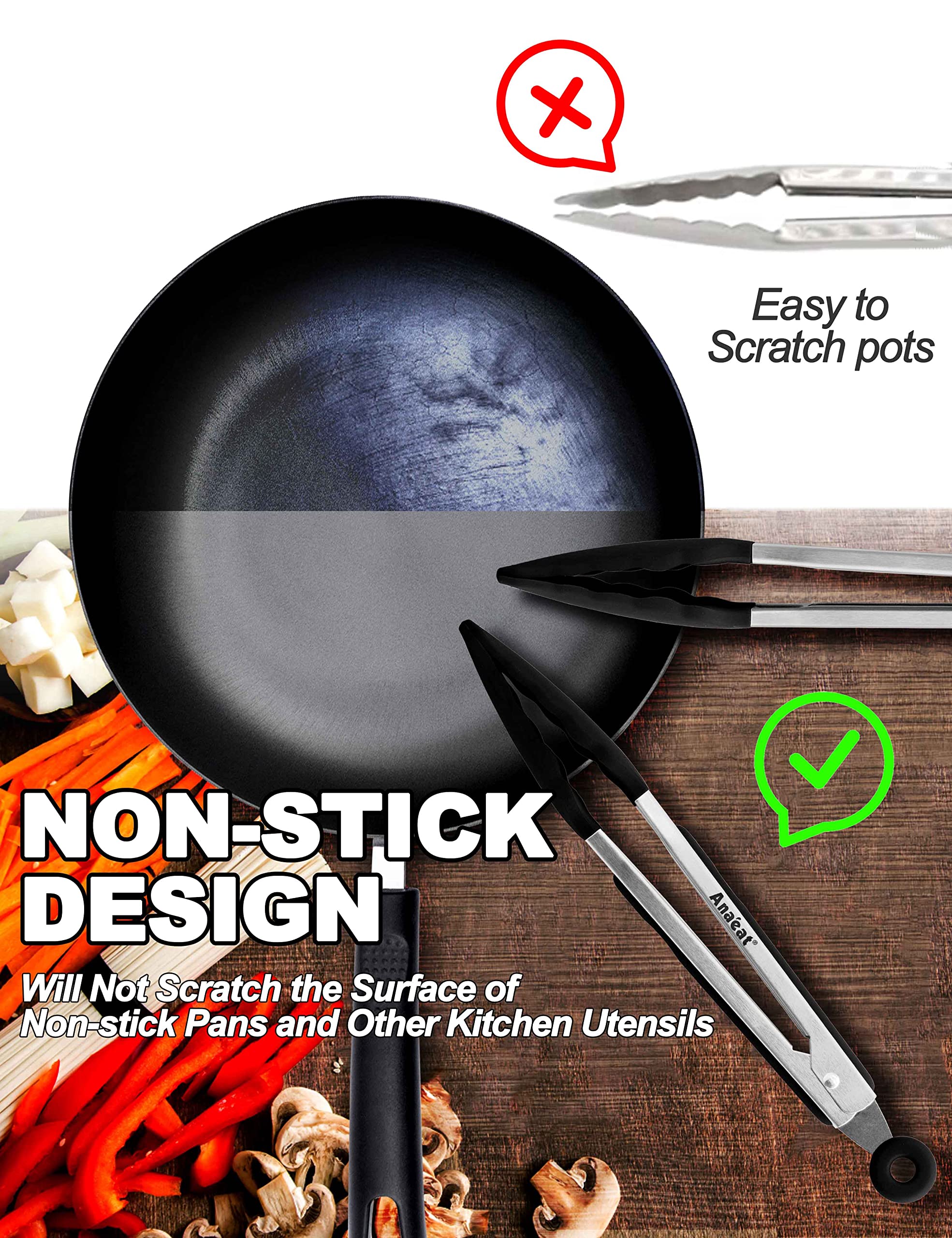 Anaeat Non-Stick Silicone Locking Tong Set of 3 - Stainless Steel 7", 9", 12" Kitchen Food Tongs with Non-Slip Silicone Tips and Grip for Cooking, Baking and BBQ - Heat Resistant up to 480°F (Black)