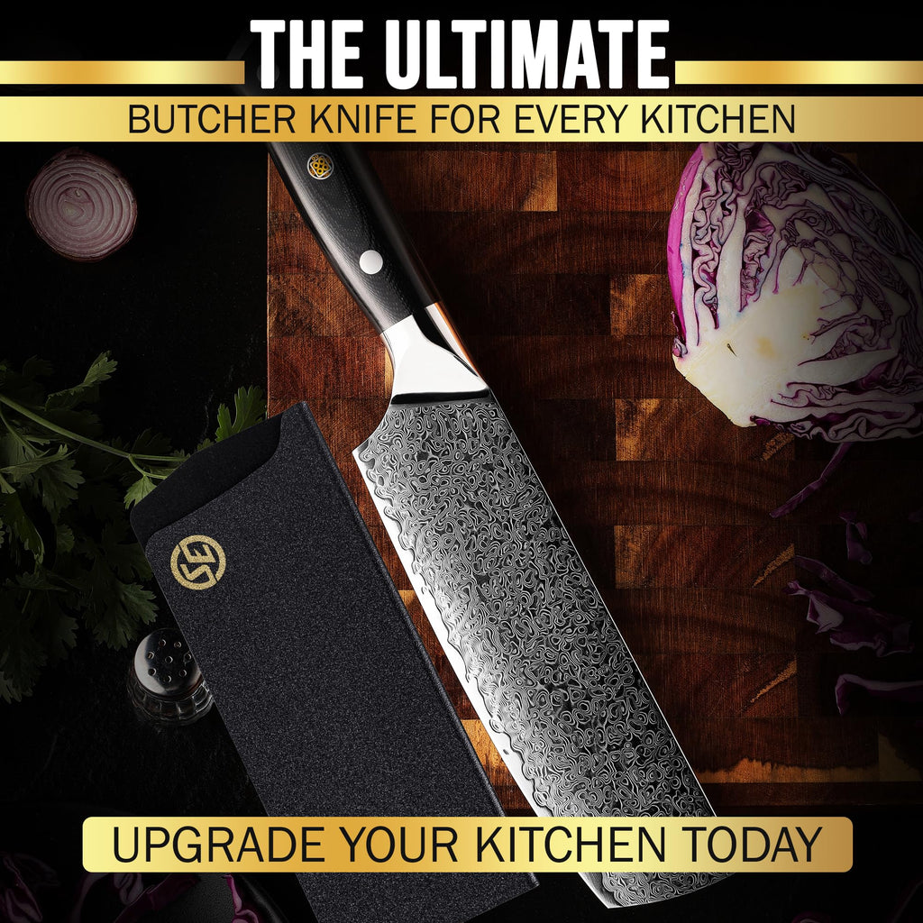 SliceElite Elite Series 7 Inch Nakiri Knife Damascus VG10 Core Forged G10 Handle Polymer Guard Japanese Chef Vegetable Chopping Cleaver Kitchen Knife Sharp Cutting Cooking Tomato Butcher Tool