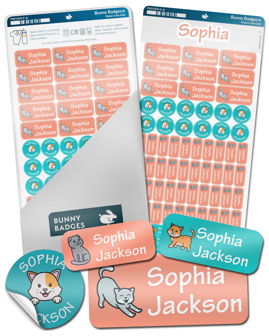 Bunny Badges Personalized Name Labels for Kids (70 Labels) - Custom Waterproof Name Stickers for Daycare, Clothing Tags, Water Bottles, Lunch Boxes and School Supplies (Cats)
