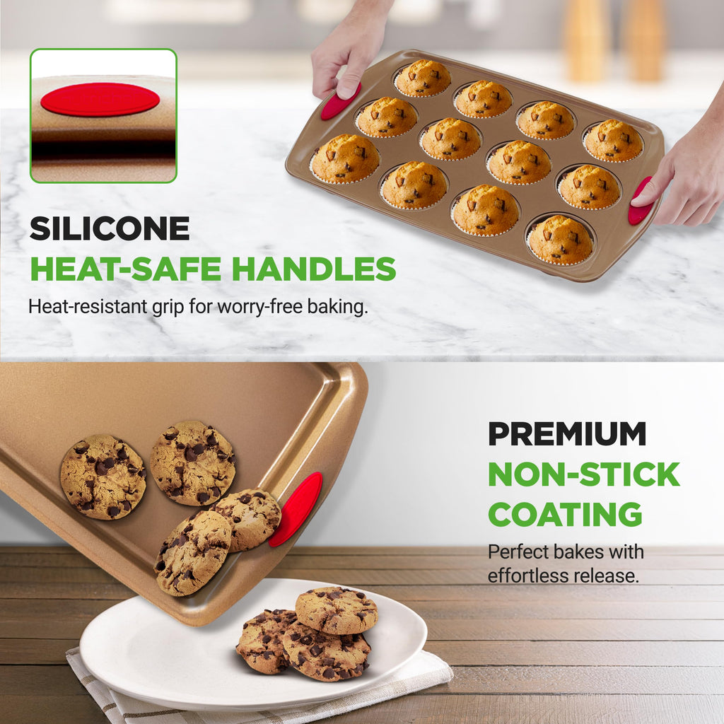 NutriChef 15-Piece Nonstick Bakeware Set w/ Baking Utensils – Premium Oven Safe Baking Pans with Silicone Handles, Easy Clean, Dishwasher Safe Tray Set for Cakes, Muffins, Bread, Cookies & Roasting