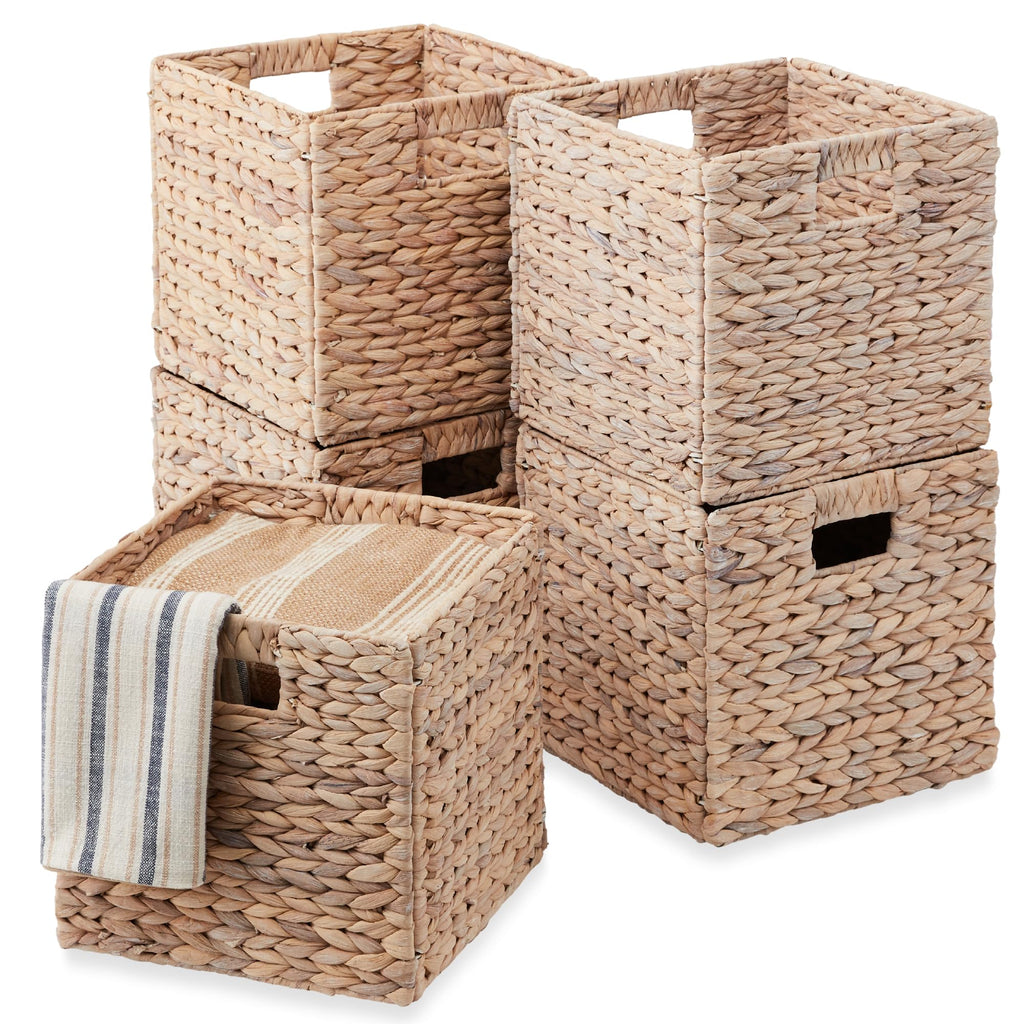 Best Choice Products 12x12in Pack of 5 Cube Storage Baskets, Water Hyacinth Multipurpose Collapsible Organizers, Handwoven Laundry Totes for Laundry, Living Room, Kids Room & Nursery - White