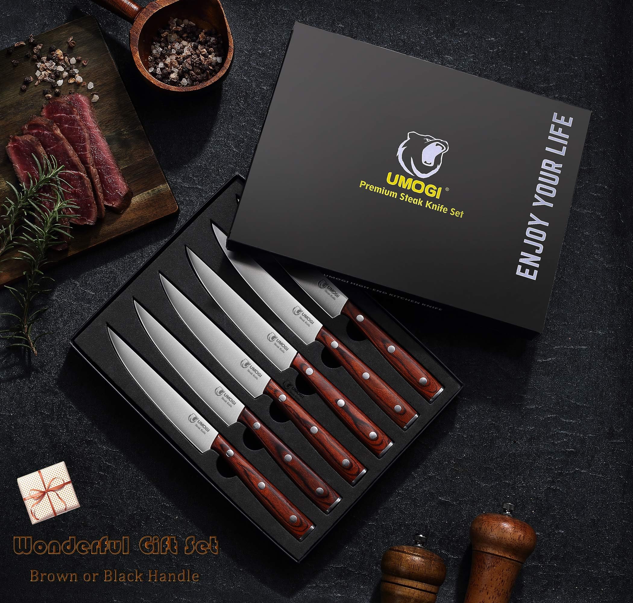UMOGI Premium Steak Knives Set of 6 in Gift Box - Polished Wood Handle, HC German Stainless Steel, Straight Edge Non Serrated - 4.8''Dinner Knife, Kitchen Tableware Knives Cutlery Set