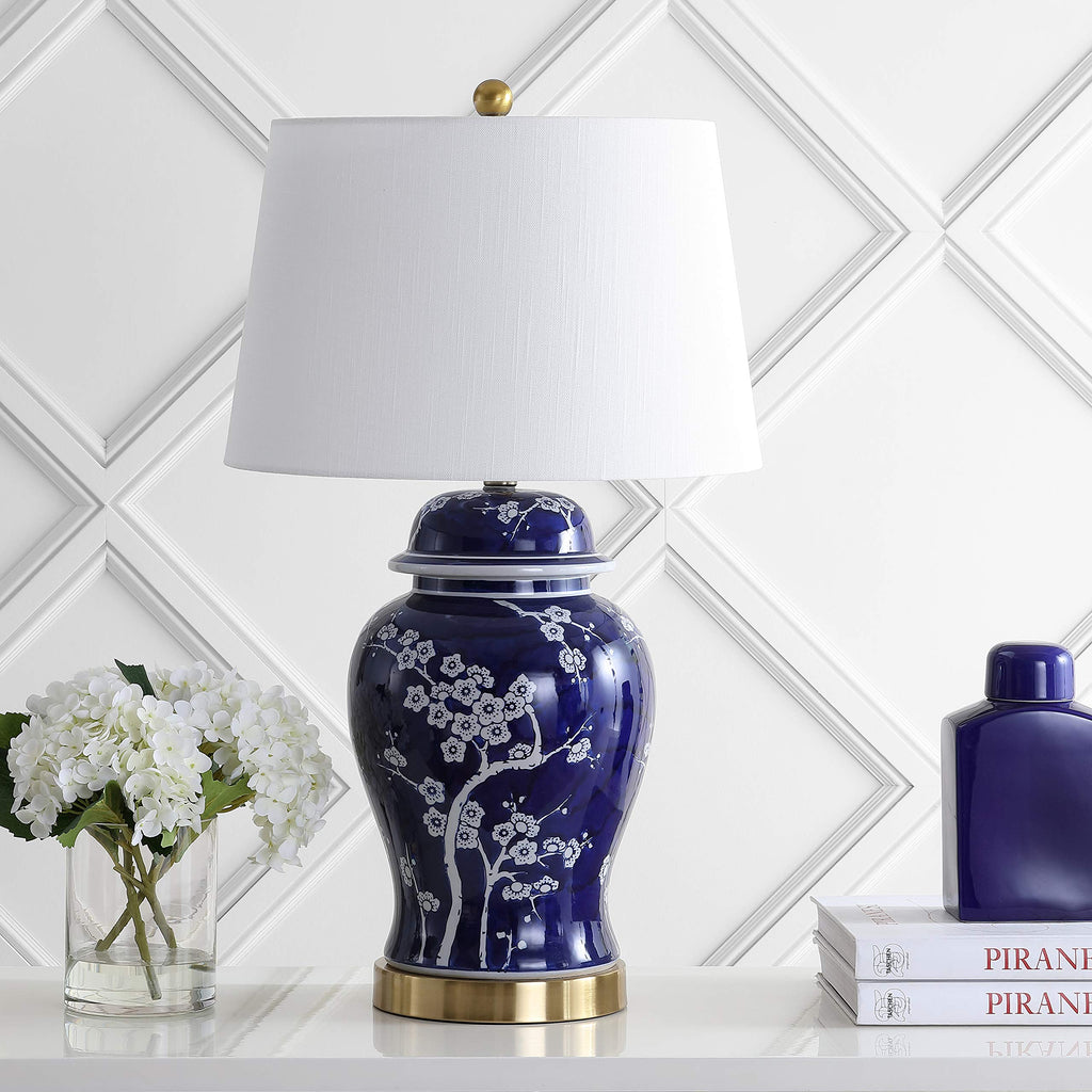 JONATHAN Y 29.5" White/Navy Blue Traditional Ceramic Ginger Jar Table Lamp for Living Room, Chinoiserie Asian Bedside Lamp with White Linen Shade and LED Bulb Included JYL3047A