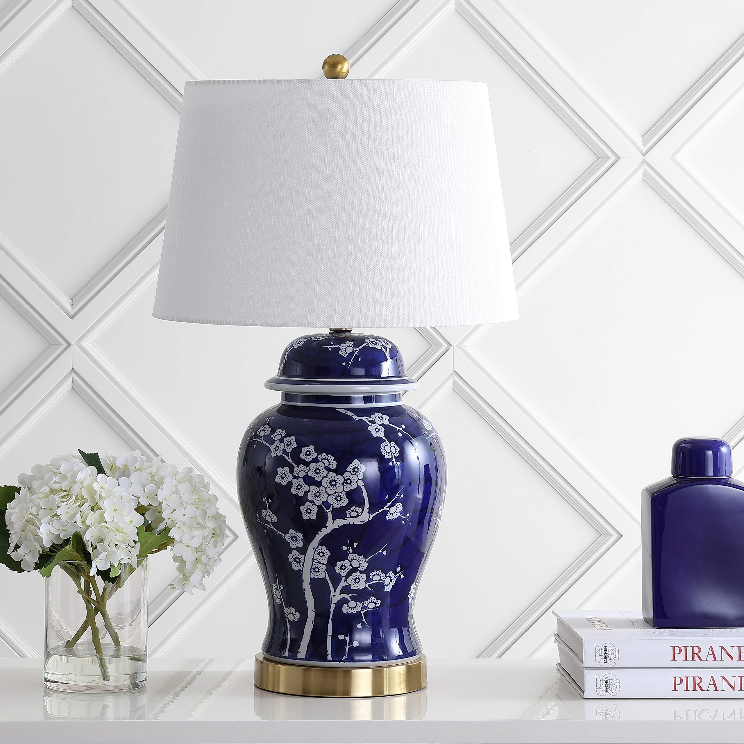 JONATHAN Y 29.5" White/Navy Blue Traditional Ceramic Ginger Jar Table Lamp for Living Room, Chinoiserie Asian Bedside Lamp with White Linen Shade and LED Bulb Included JYL3047A