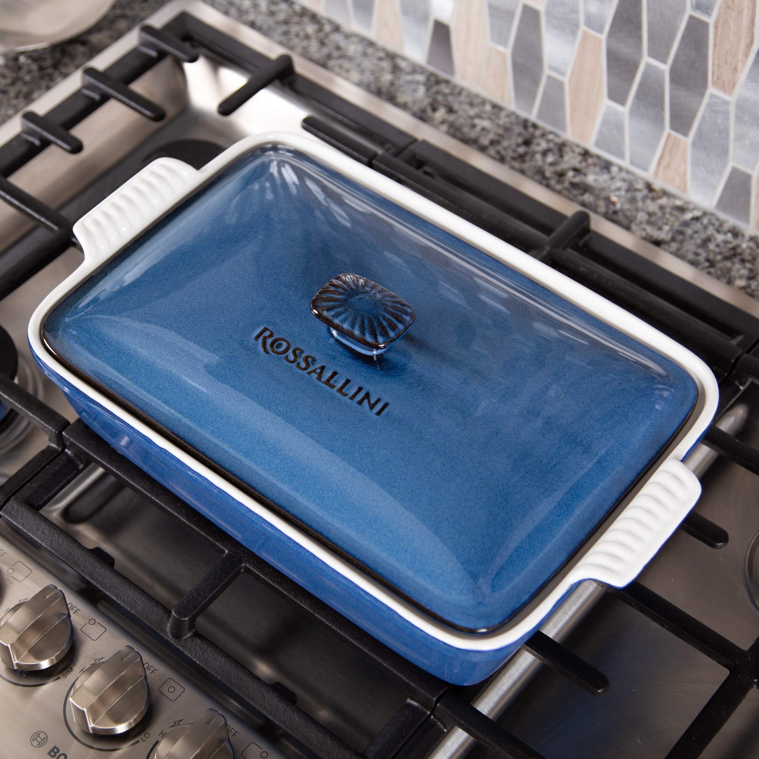 ROSSALLINI Stoneware Casserole Dish Bakeware Set with Lid, Covered Rectangular Dinnerware, Large 3.2 Quart, 11 by 9 Inch, Blu Indaco [Reactive Blue]