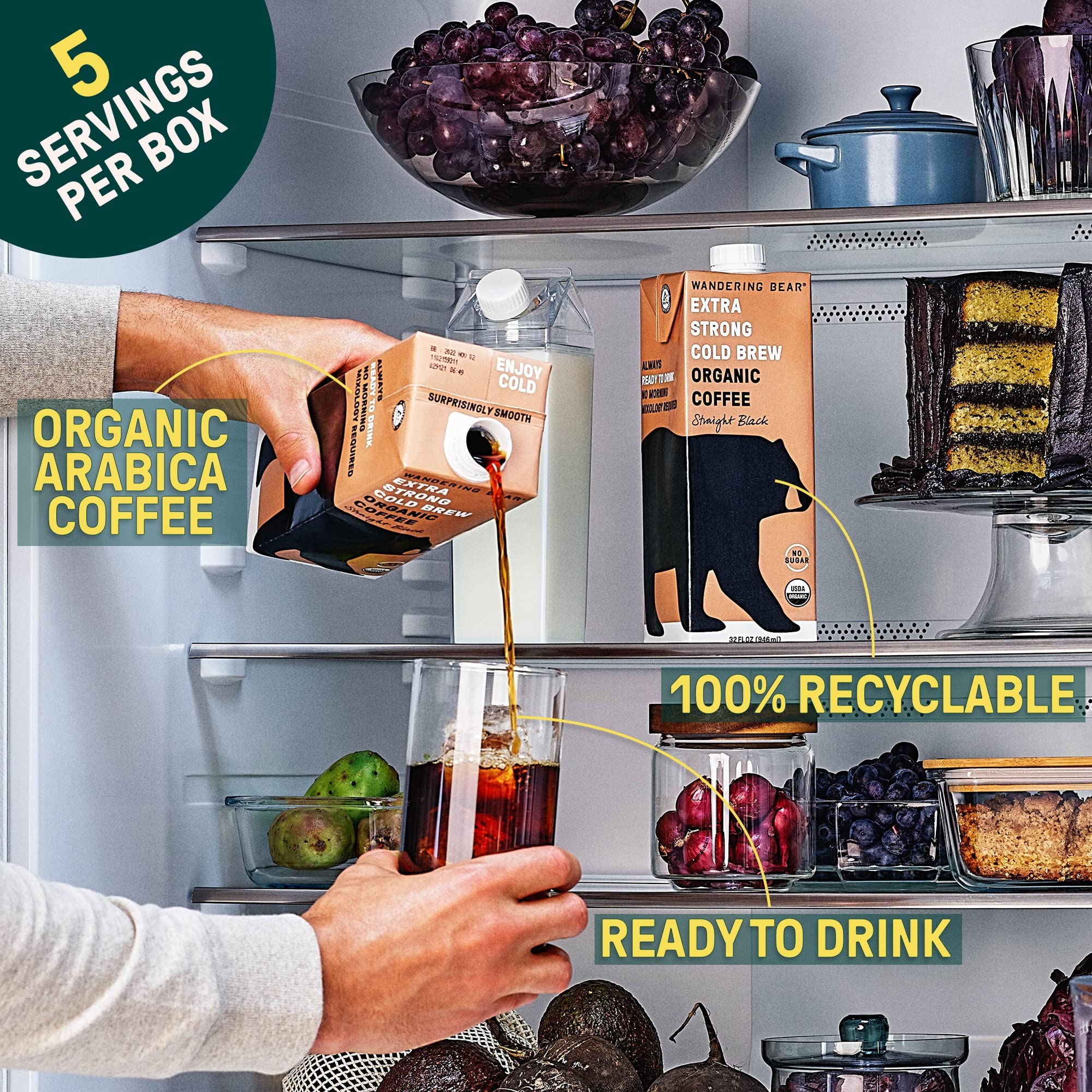 Wandering Bear Extra Strong Organic Cold Brew Coffee, Straight Black, 32 fl oz, 1 pack - Smooth, Organic, Unsweetened, Shelf-Stable, and Ready to Drink & Vegan Cold Brew.