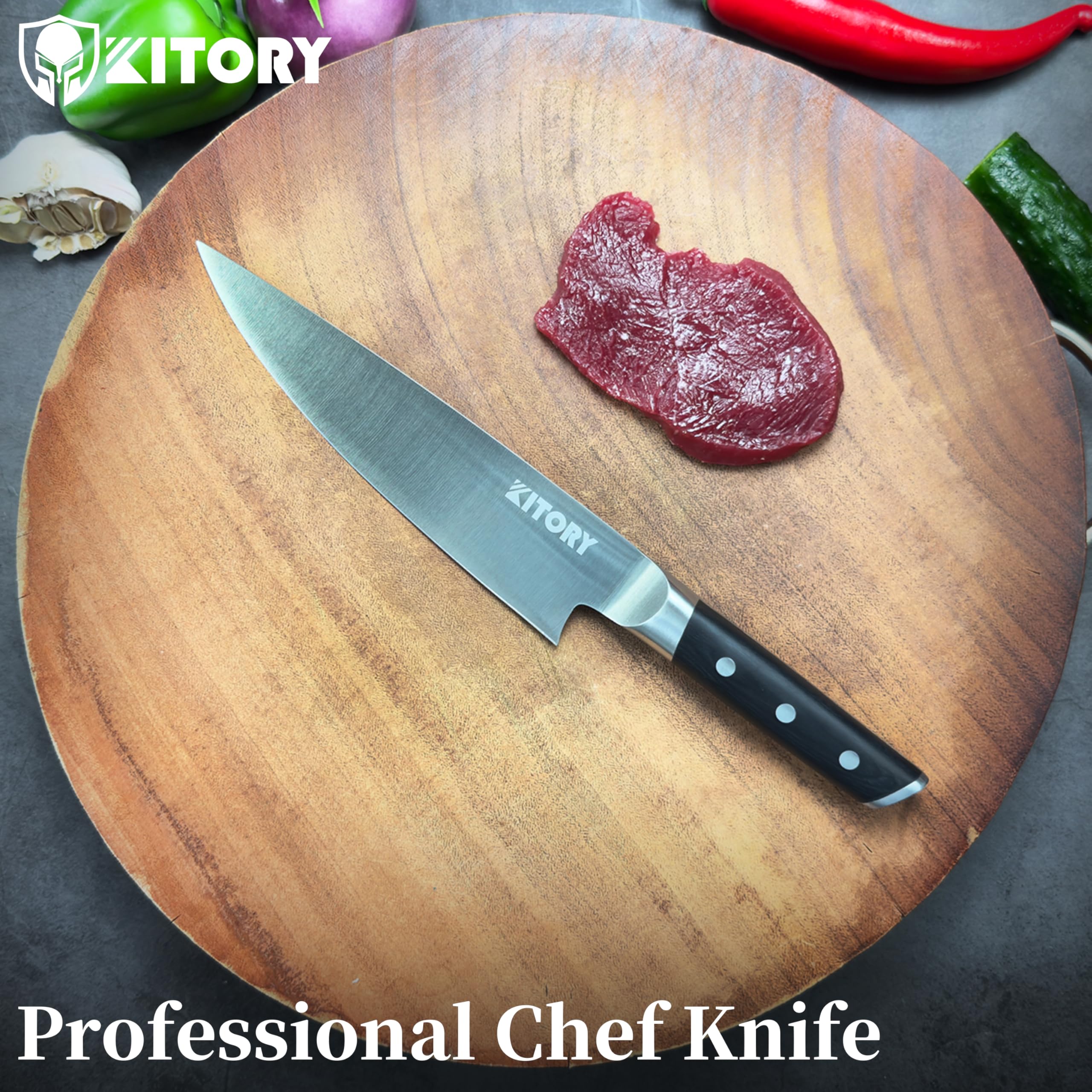 Kitory Chef Knife 8", Gyuto Kitchen Knife - Full Tang Pro Chopping Chopper- Forged HC Steel - Ergonomic Pakkawood Handle-2025 Gifts