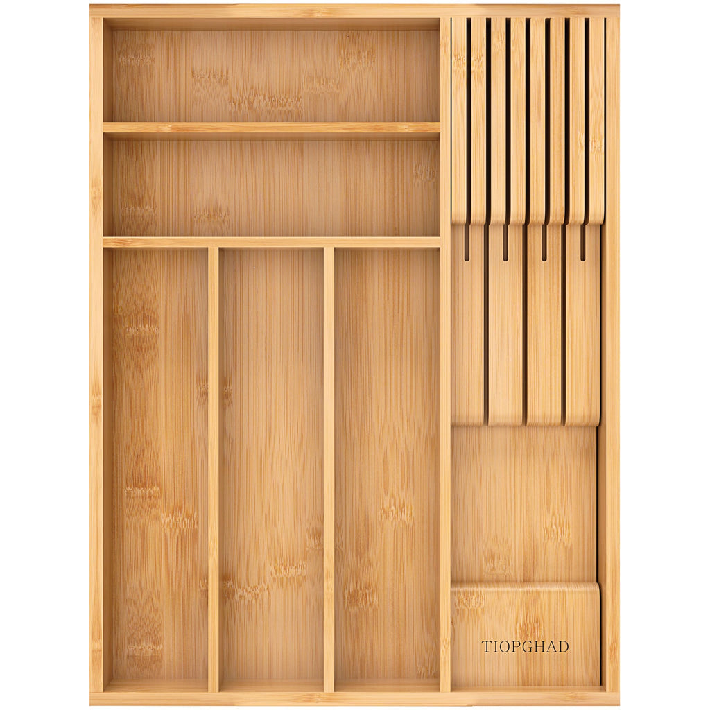 TIOPGHAD Expandable Bamboo Silverware Drawer Organizer Tray, Grayish Green