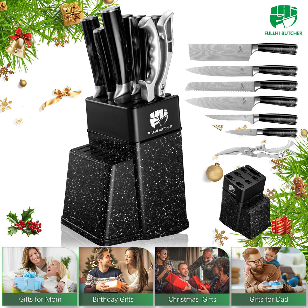 FULLHI 8pcs block Knife Set,chef's Knves Set with Block and Sharpener, Kitchen Knife Set,Multi-colour Handle, Gifts for Men Women