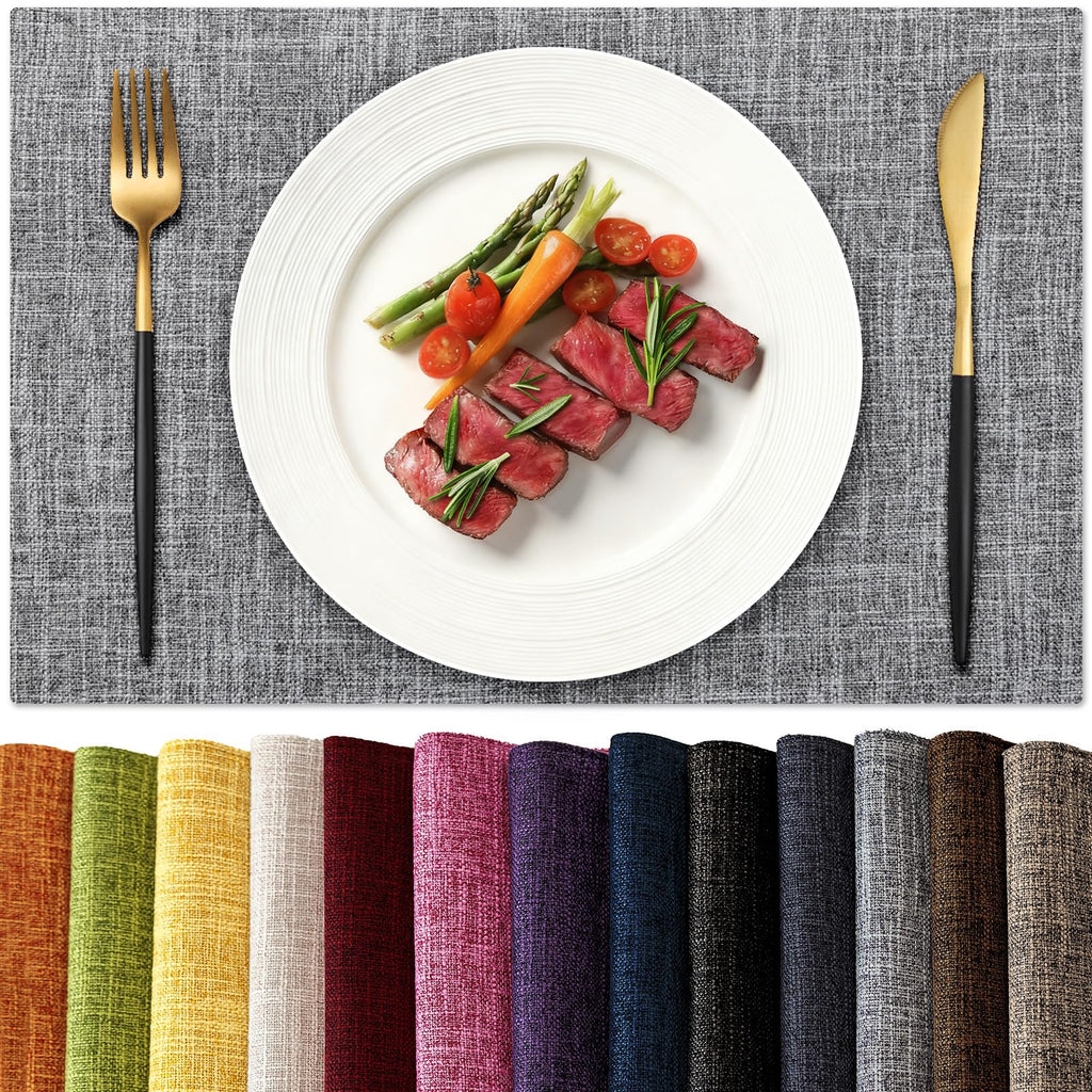 KXN Placemats Set of 4, Dual-Layer Thickened Faux Linen Table Mats, Heat Resistant & Wrinkle-Free, Machine Washable Cloth Place Mats for Kitchen Dining Indoor Outdoor (Light Gray)