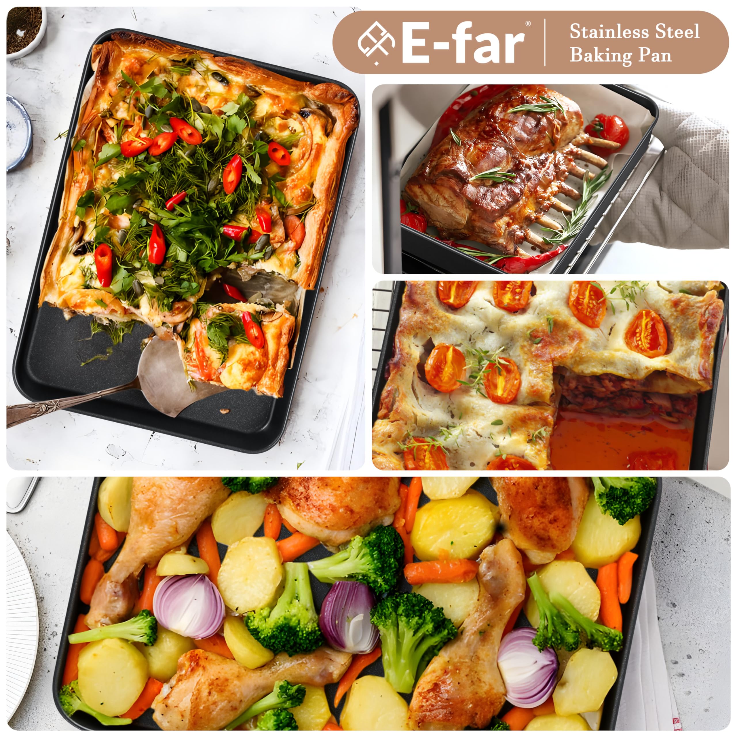 E-far 12.5 x 9.7 Inch Baking Pan, Nonstick Stainless Steel Rectangle Cake Pan for Baking Brownies Casseroles Lasagna, Stainless Steel Core & Nonstick Coating, Non-toxic & Oven Safe