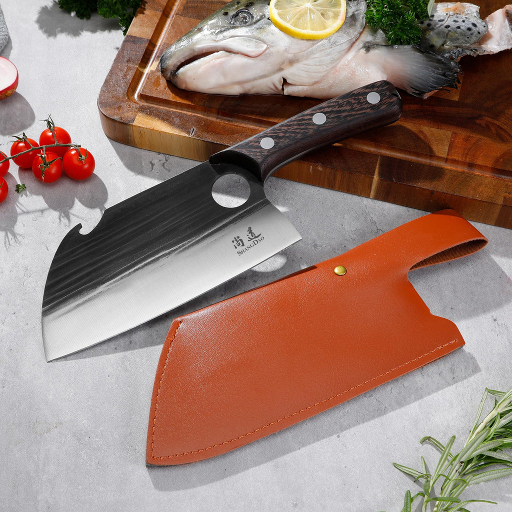 SHANGDAO 7" Deba Knife, Hand Forged Cleaver Butcher Knife for Meat Cutting, Japanese Kitchen Viking Knife with Sheath, Cooking Knife for Kitchen and Outdoor Camping, Thanksgiving Christmas Gifts