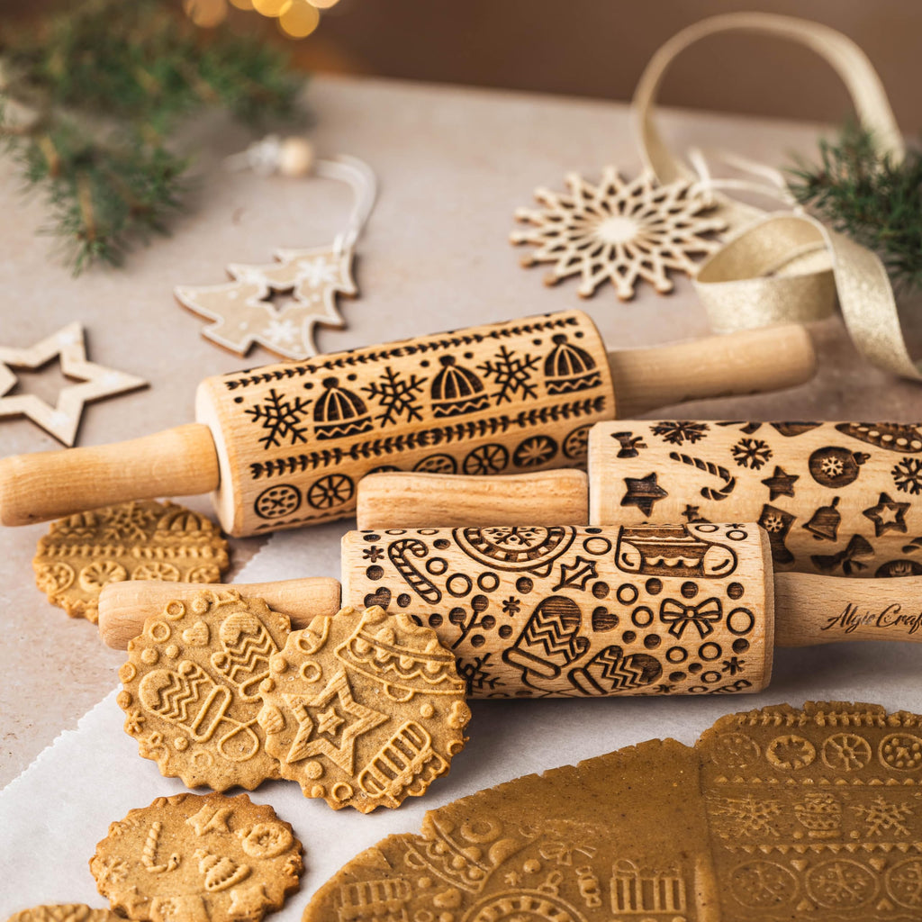 SEASONS 3 Mini Embossed Rolling Pin Set. Wooden Laser Cut Mini Rolling Pins for cookies or clay with spring flowers, tulips, daffodils, strawberries, raspberries, birch, trees by Algis Crafts