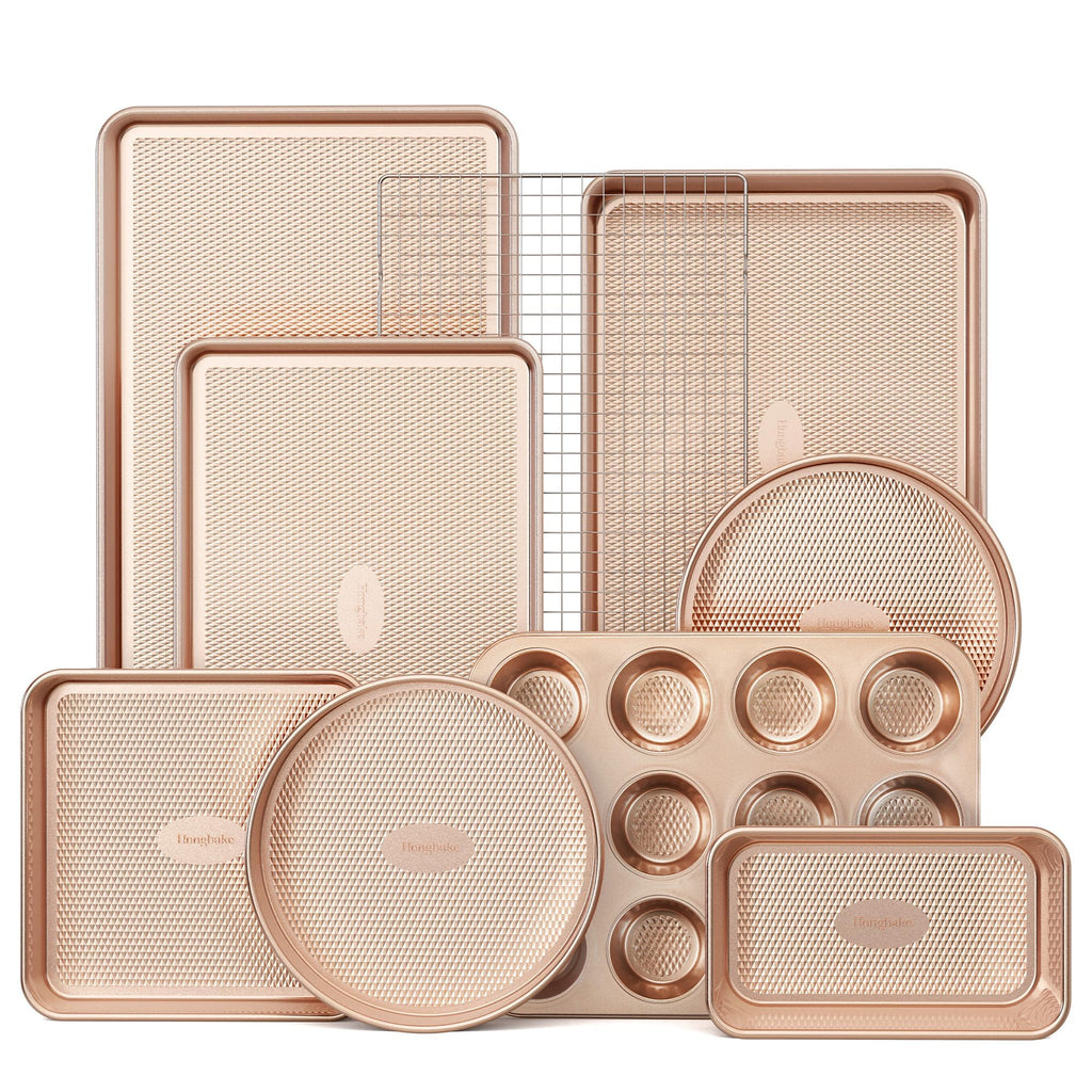 HONGBAKE 22-Piece Baking Pans Set Nonstick, Stackable Non Toxic Bakeware Sets with Diamond Texture, Oven Pan Set for Cooking, Includes Cookie Sheet with Rack, Cake Pan, Roasting Pan, Muffin Tin, Pink