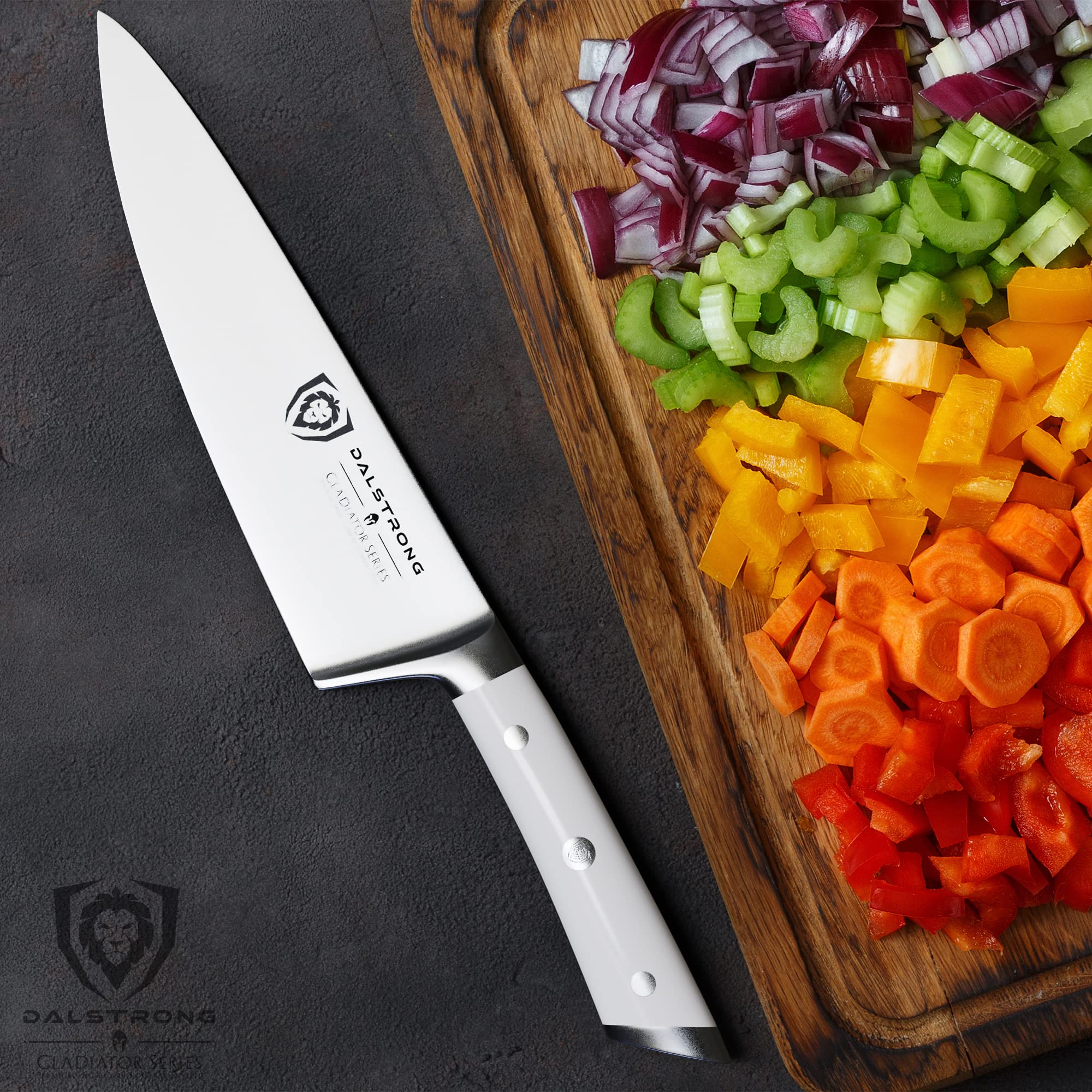 Dalstrong Chef Knife - 8 inch Blade - Forged HC German Steel Chef's Knife - Full Tang - Glacial White ABS Handle - Gladiator Series - Razor Sharp Kitchen - Professional - Sheath - NSF Certified