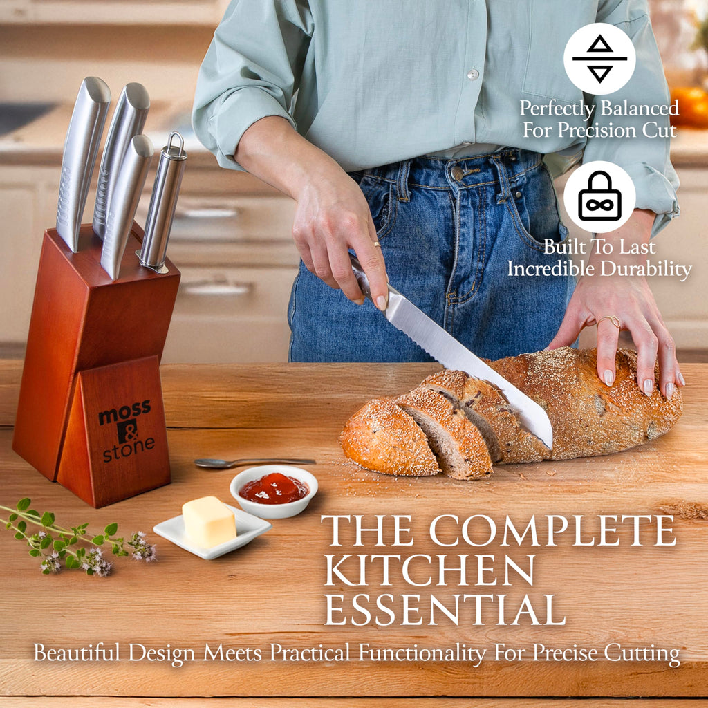 Moss & Stone Small 6 Pcs Kitchen Knife Set with Block, Stainless Steel