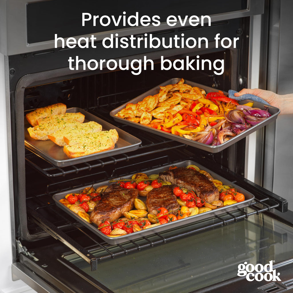 GoodCook Everyday Nonstick Baking Sheet Set, 3 Pack Includes Small (13×9) Medium (15×1) and Large (17×11) Pans Carbon Steel Construction Cookie Sheets Bakeware Set, Gray