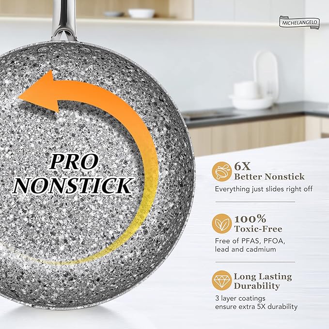MICHELANGELO 11 Inch Stone-Derived Nonstick Frying Pan with Lid, Aluminum