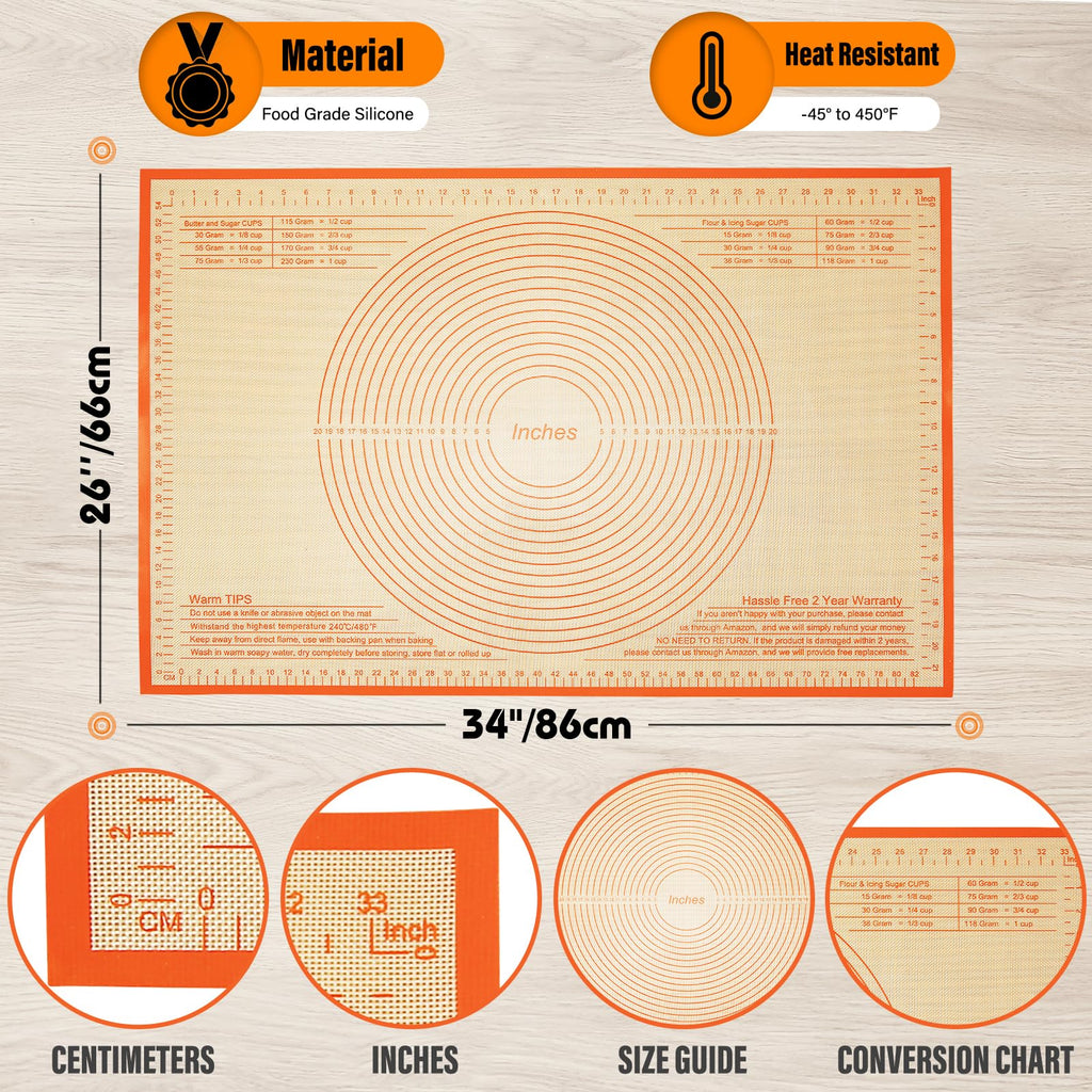 Silicone Pastry Mat 34x26 Inch Nonstick Baking Mat -Perfect for Doug, Pastry, Bread, Dough Rolling, Kneading Board, Pie Crust, Fondant, Pasta/Pizza, Kitchen Counter Mat