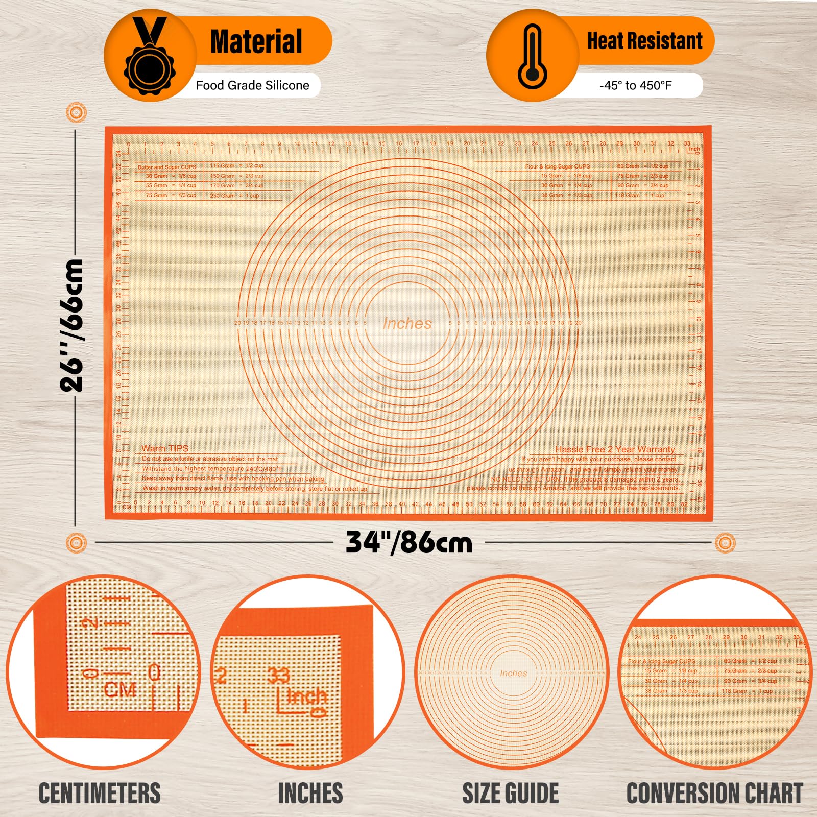 Silicone Pastry Mat 34x26 Inch Nonstick Baking Mat -Perfect for Doug, Pastry, Bread, Dough Rolling, Kneading Board, Pie Crust, Fondant, Pasta/Pizza, Kitchen Counter Mat