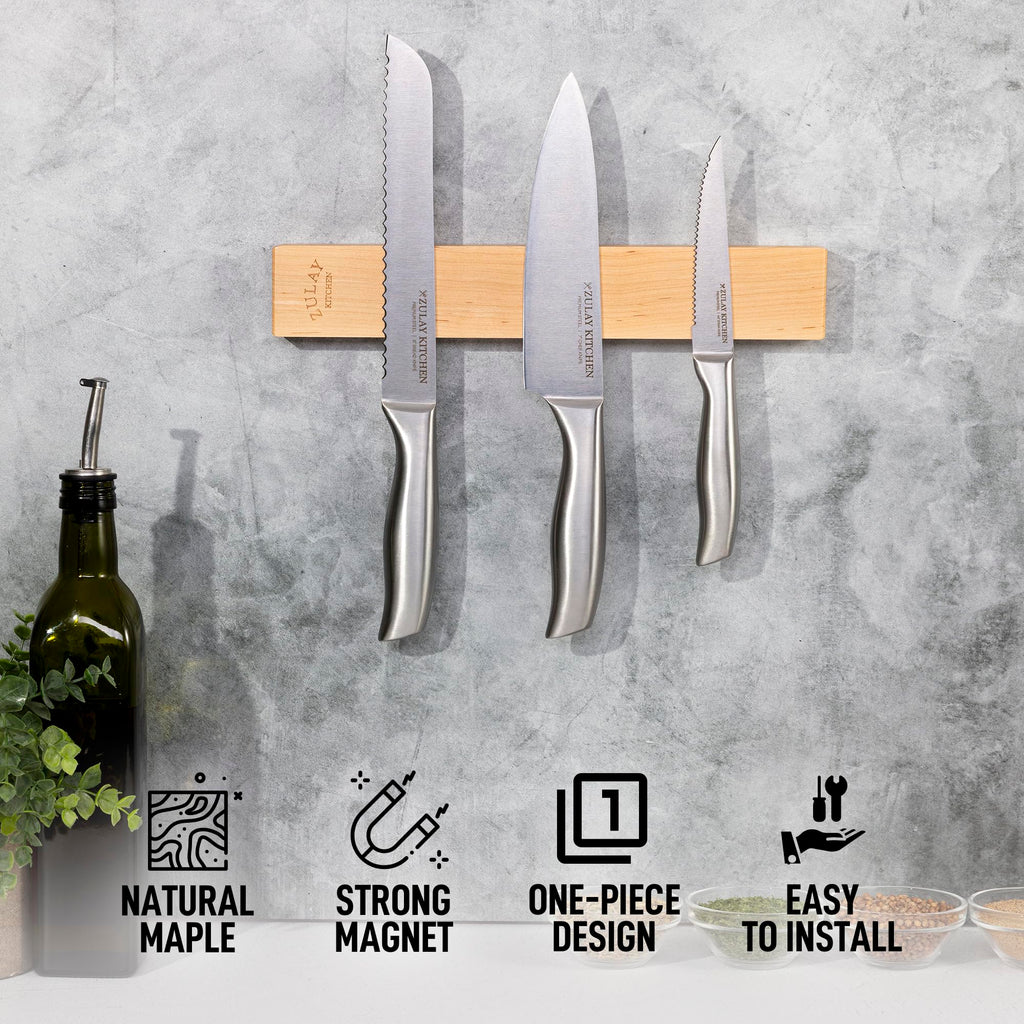 Zulay 11.75" Seamless Maple Wood Magnetic Knife Holder - Wooden Magnetic Knife Strip for Organizing your Kitchen - Elegant & Multifunctional Magnet Holder for Wall with Easy Installation