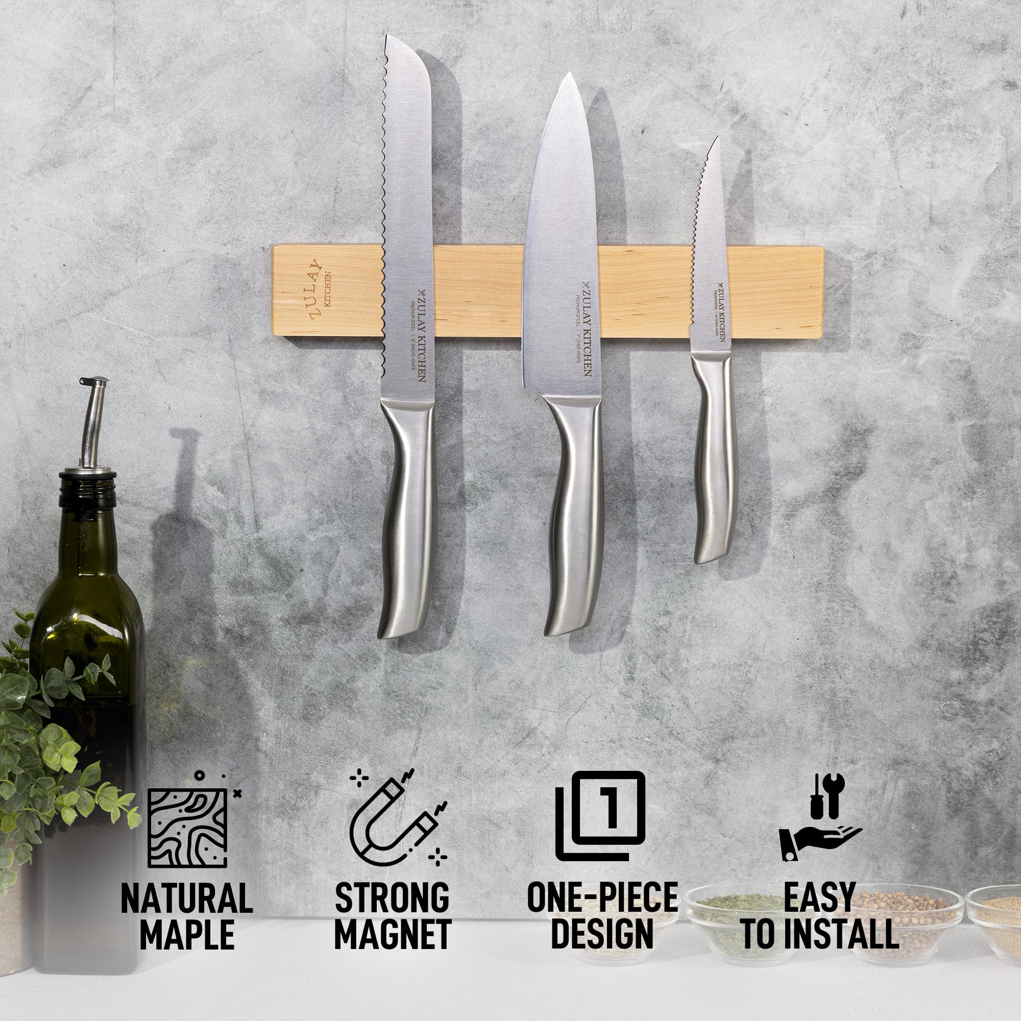 Zulay 11.75" Seamless Maple Wood Magnetic Knife Holder - Wooden Magnetic Knife Strip for Organizing your Kitchen - Elegant & Multifunctional Magnet Holder for Wall with Easy Installation