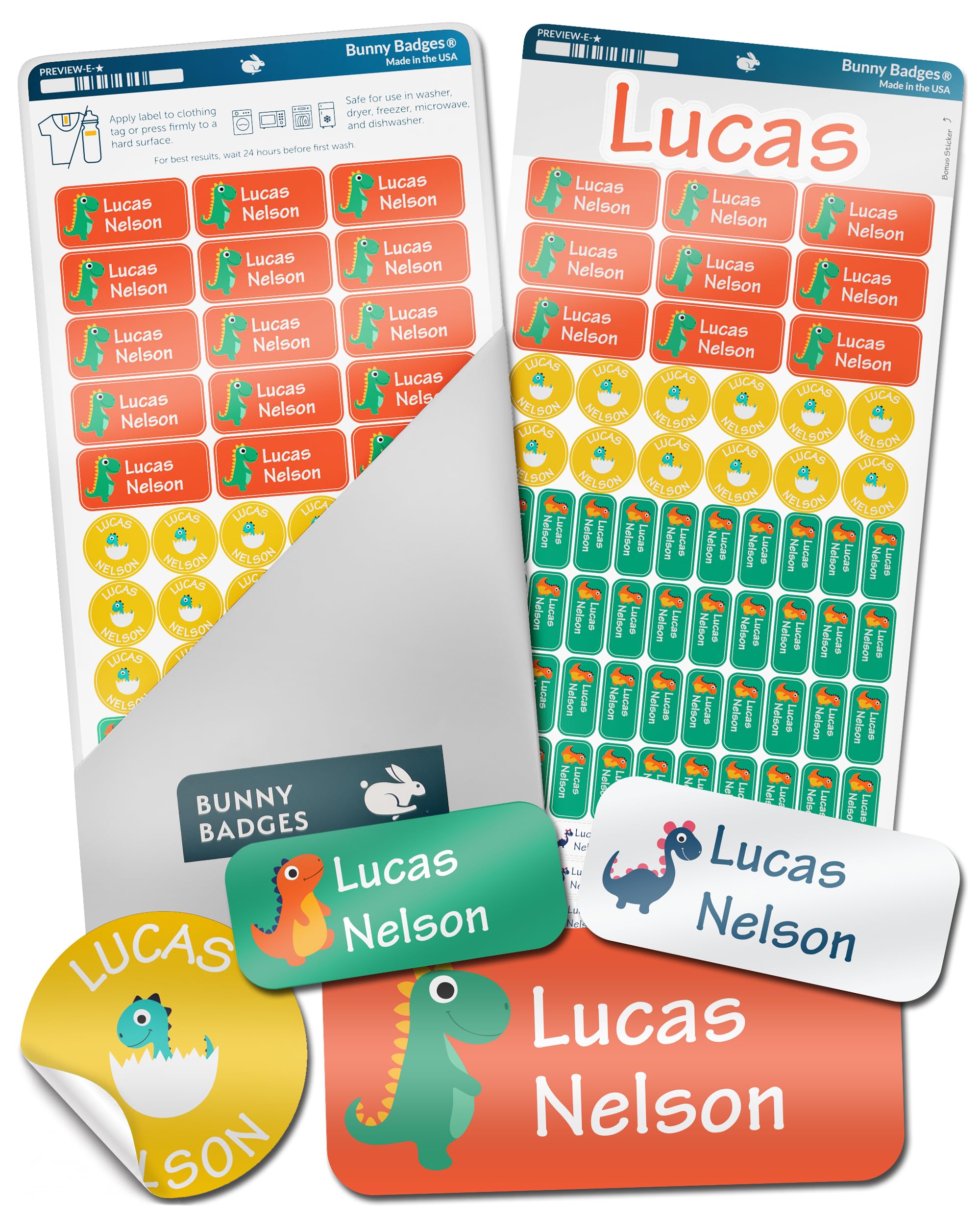 Bunny Badges Personalized Daycare Name Labels for Kids (130 Labels) - Custom Waterproof Name Stickers for Clothing Tags, Water Bottles, Lunch Boxes and School Supplies (Dinosaurs)